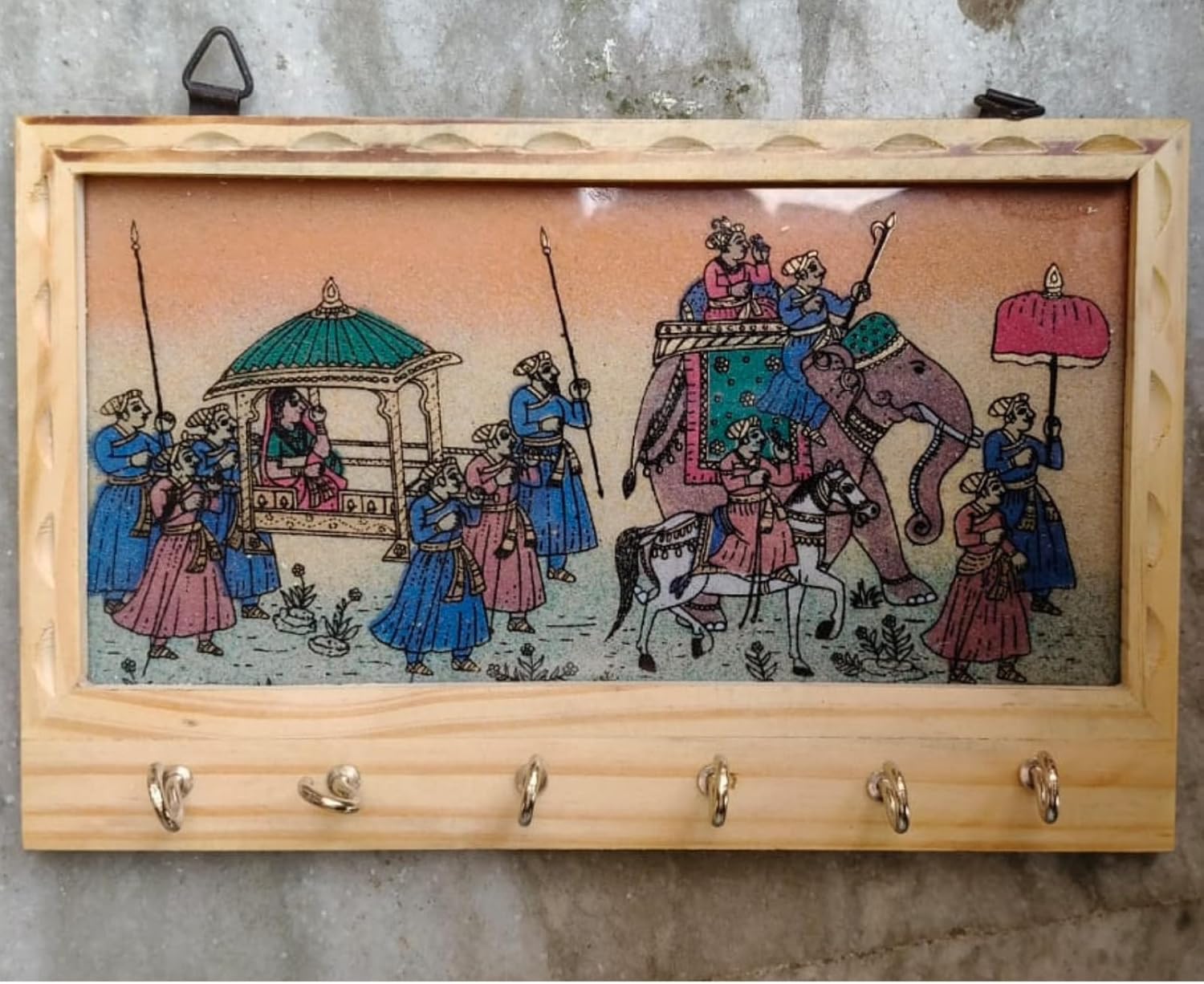 Rajasthani Wooden Key Holder, 6 Hooks, Wall Mounted, Handcrafted Art Work Traditional Painting Wall Hanging Home and Office Decor (1, KeyHolder-4)