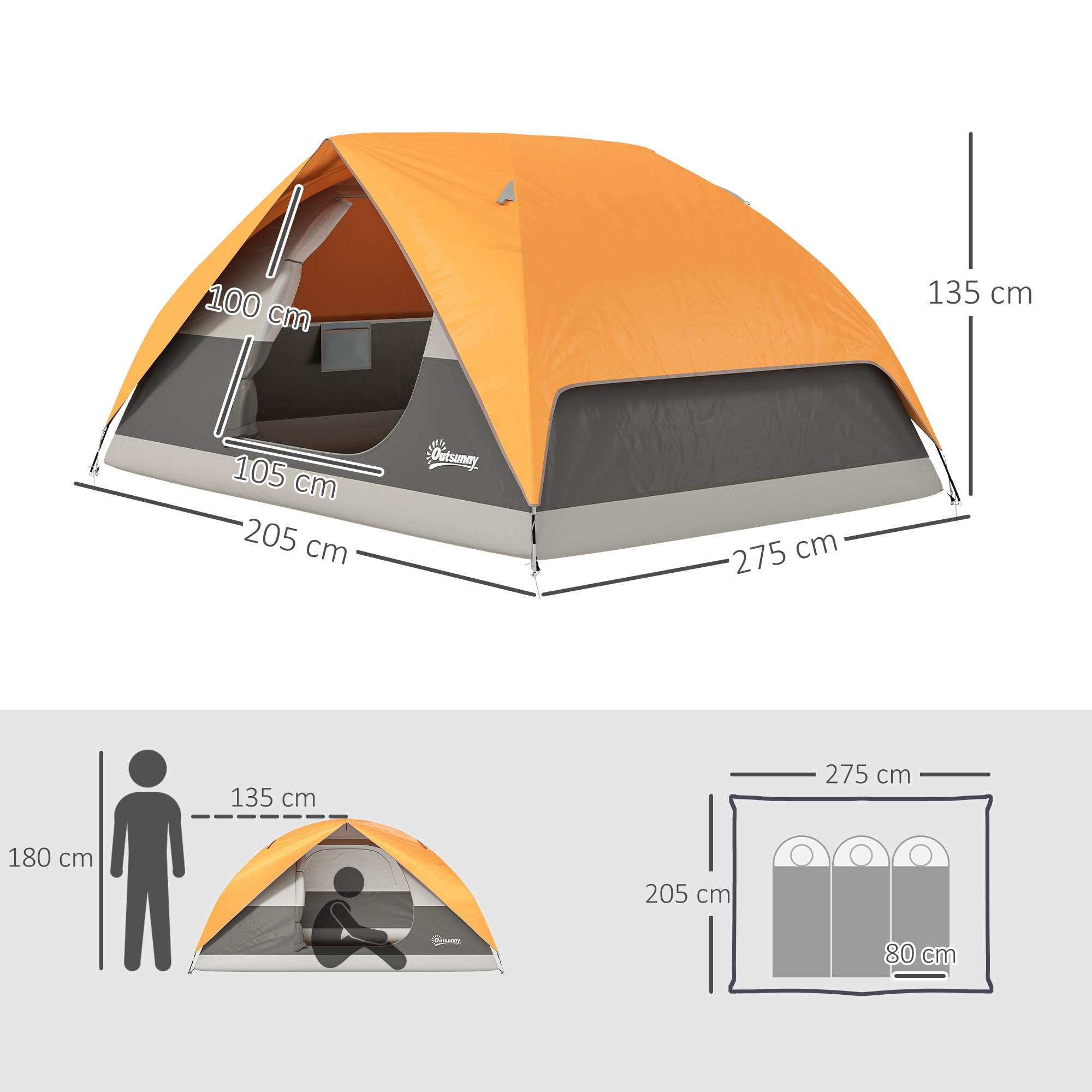 Outsunny Tenda da Campeggio Famigliare per 3 Persone, Tenda da Trekking a Cupola Impermeabile 3000mm con Porta di Ricarica, Tasche, Gancio per Lanterna e Borsa di Trasporto, Arancione e Grigio