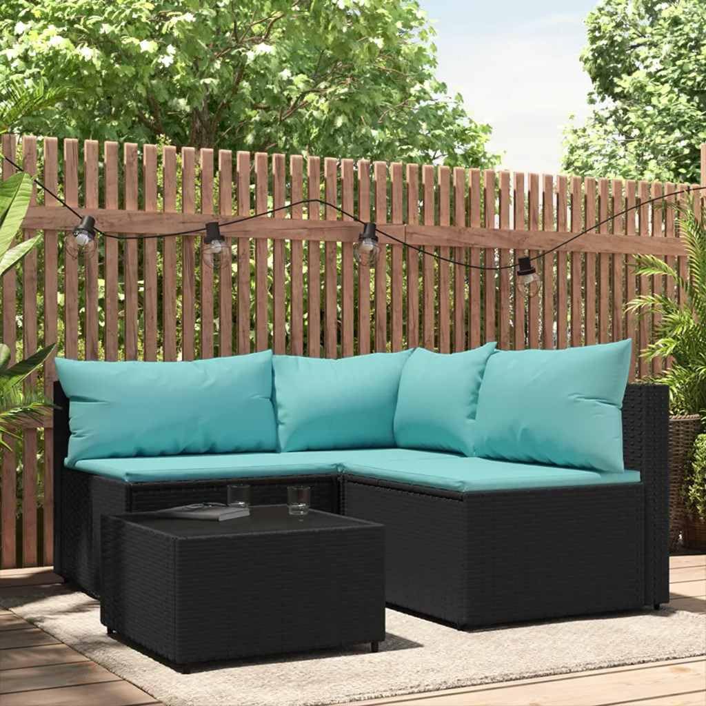 4-Piece Patio Lounge Set Black with Water Blue Cushions, Modular Outdoor Sectional Sofa with Weather-Resistant PE Rattan and Steel Frame, Removable Cushions for Garden