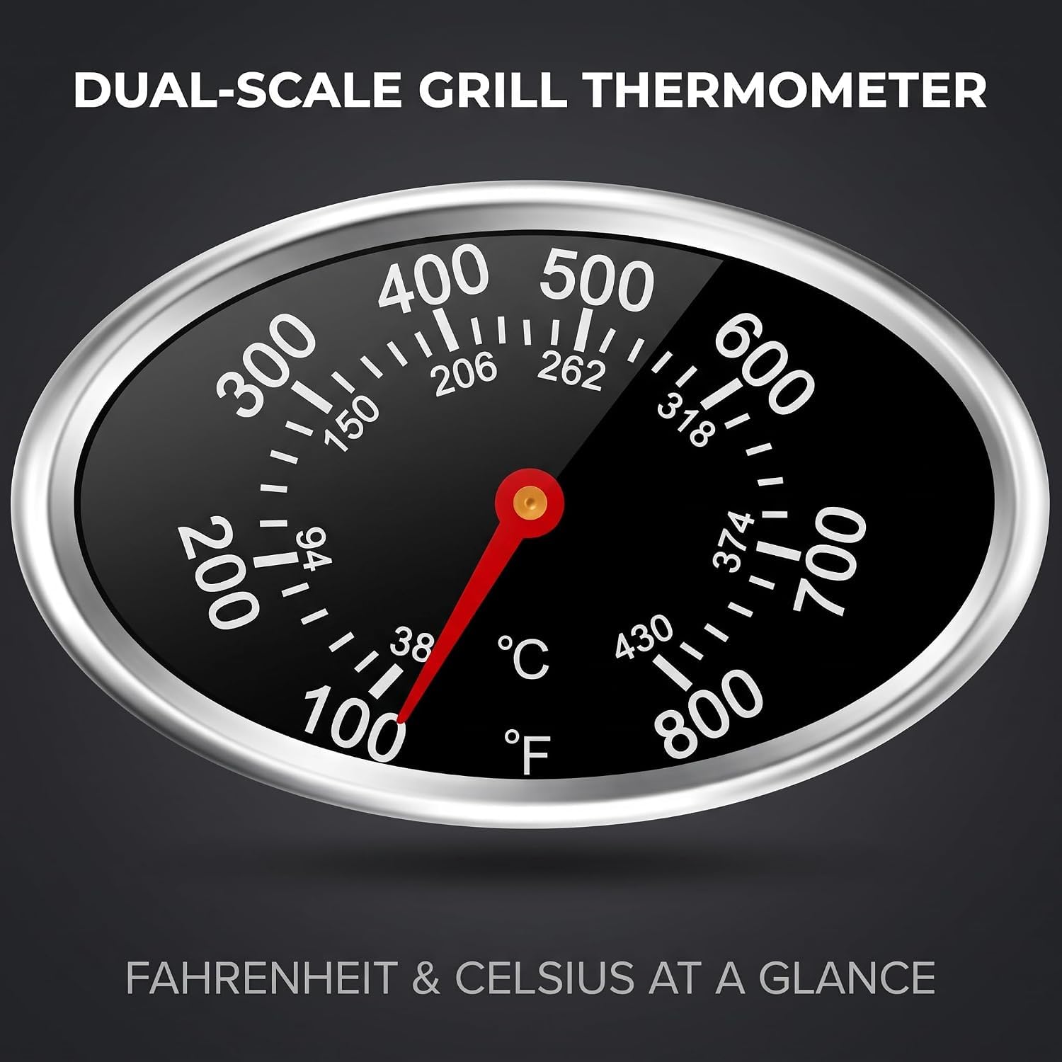 Deckelthermometer Temperaturmessgerät Ersatz für Nexgrill, Grill Master 720-0697, Charmglow 720-0234, Aussie, Brinkman, Members Mark, Oval Edelstahl Wärmeanzeige