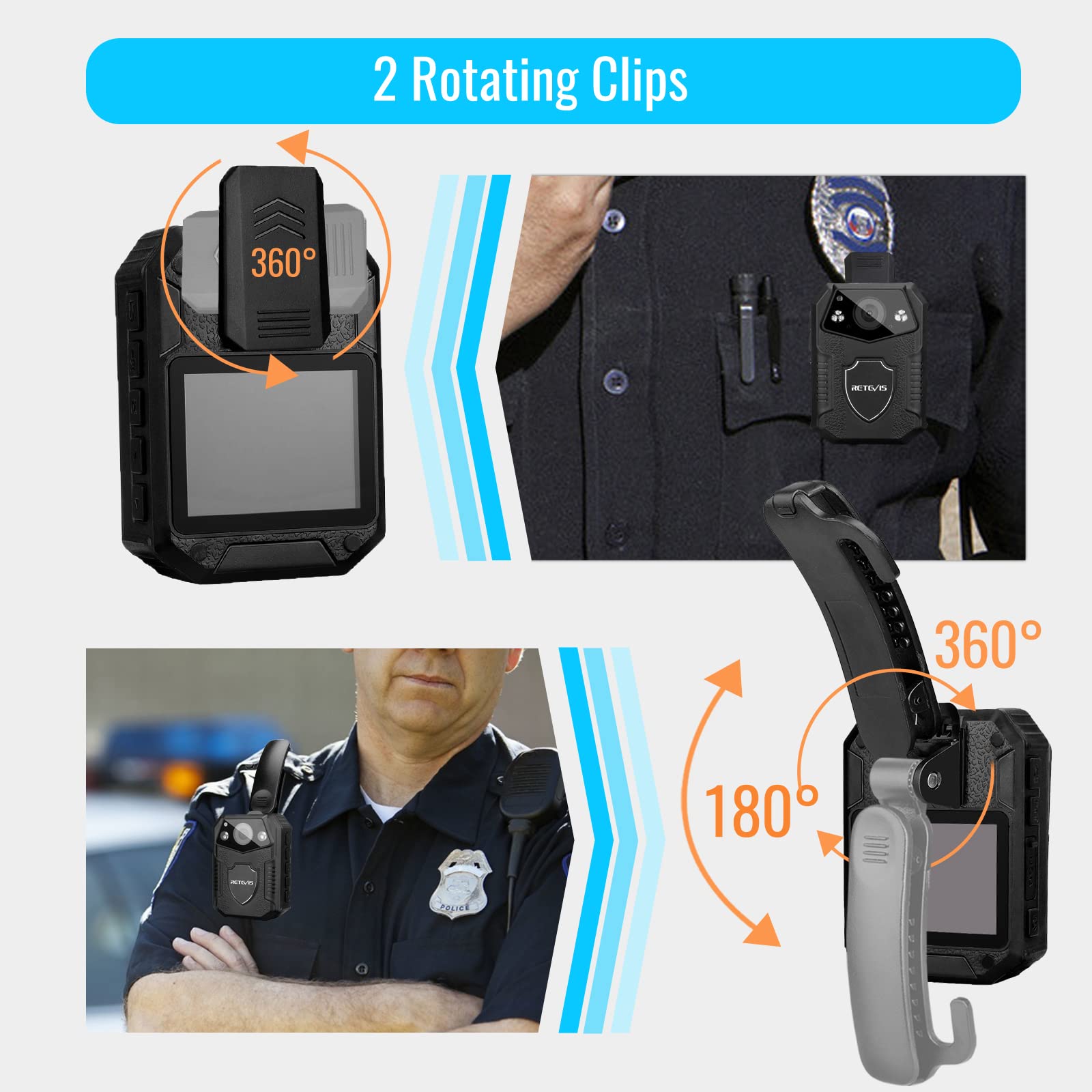 Retevis RT77 Body Camera Polizia 1080P 16G Videocamera Indossata o Montata Smart Night Vision 2650mAh Riproduzione Angolato 150° Gradi LCD da 2.0 Pollici (Nero,1Pezzi)
