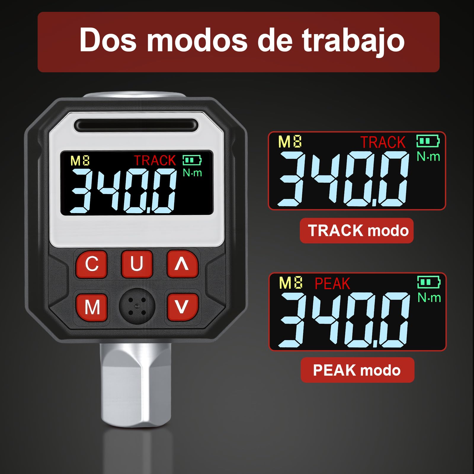Medidor de Torsión Digital con Adaptador de Torsión de Llave de Pantalla LED de Transmisión de 1/2 Pulgada, Material de CRV, 9 Modos Preestablecidos, Seguimiento en Tiempo Real y (17-340NM)