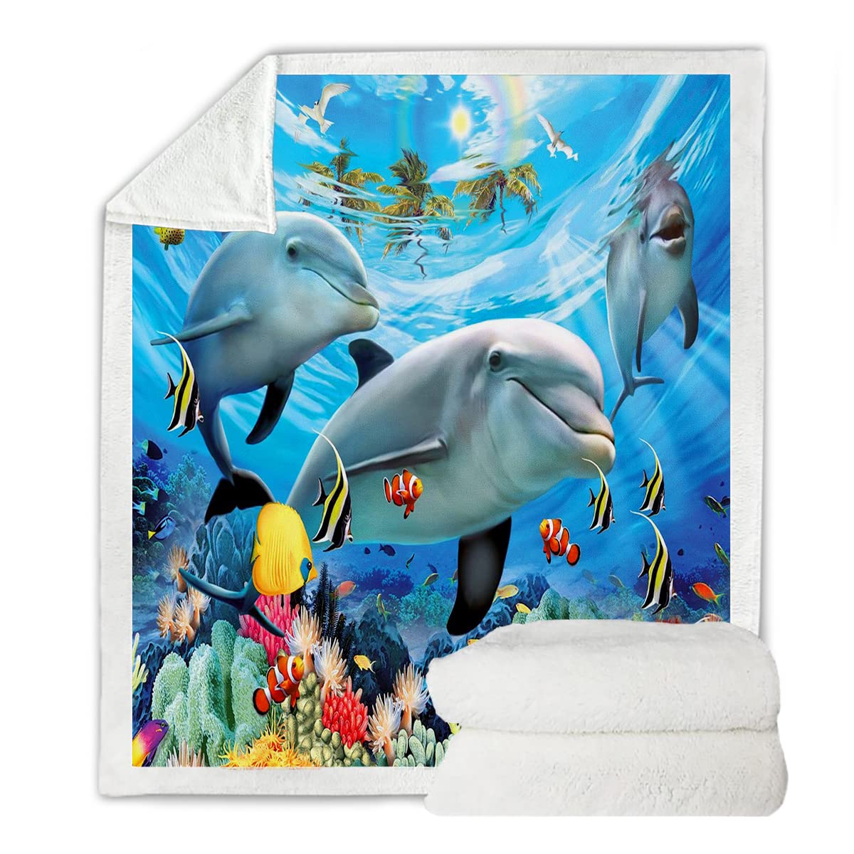 Lunoroey Couverture pour enfant imprimée dauphin, douce et moelleuse, en sherpa en peluche, pour canapé, lit, sofa, 130 x 150 cm