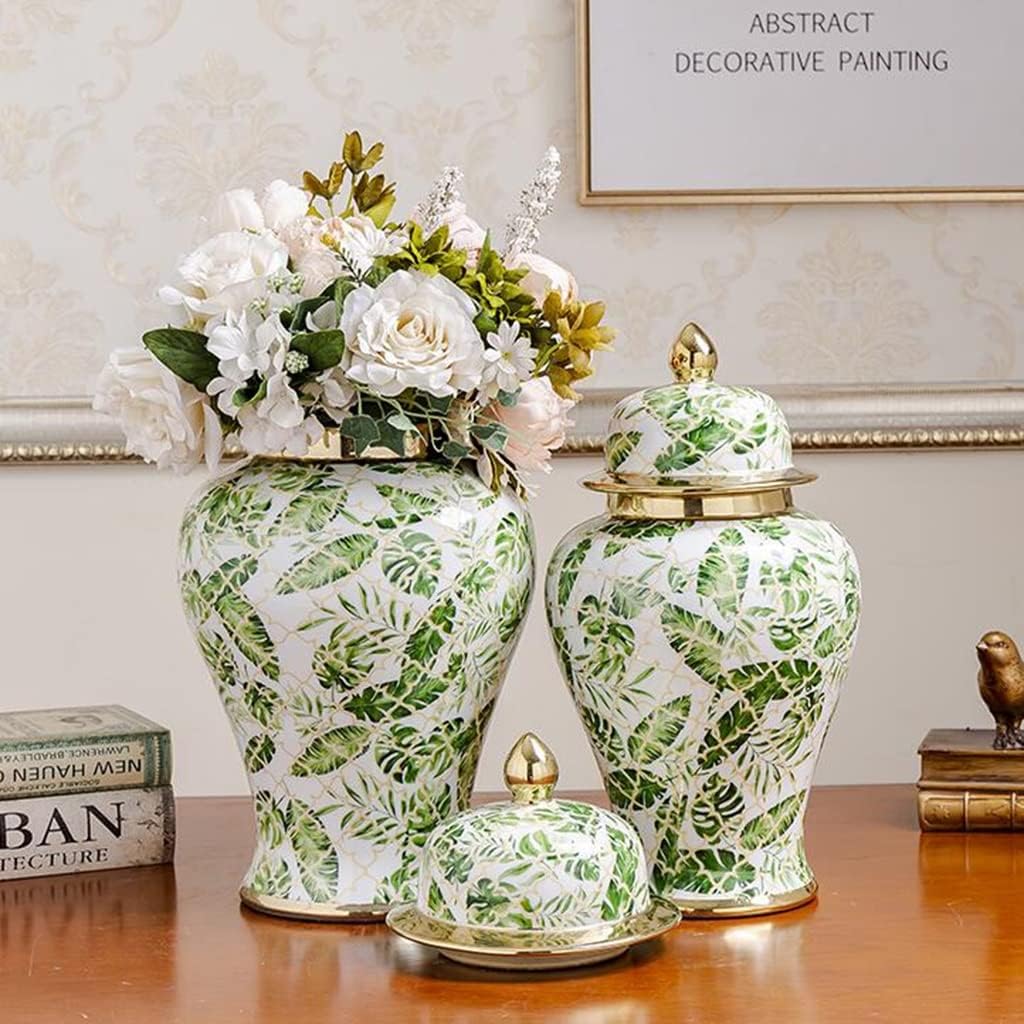 decorative jars,ginger jar, Jars Jingdezhen Ceramic Ginger Jar, General Jar with Lid, Antique Ceramic Temple Jar, Green Leaf Pattern, Living Room Home Decoration Vase (Color : Green, Size : 25 * 48cm)