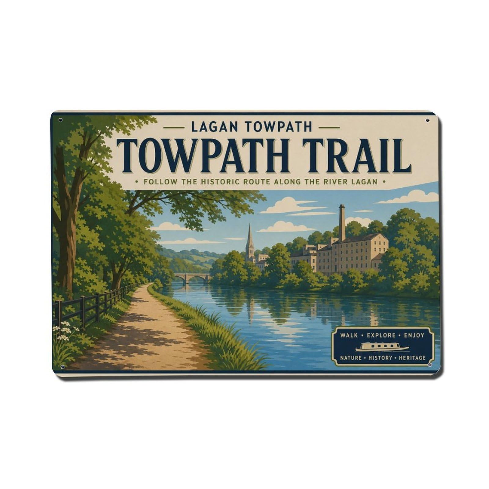 Vintage Travel Lagan Towpath Belfast Riverside Trail Walk 2 Metal Tin Sign Wall Decor for Cafe, Club, Garden Metal Poster 8x12Inch