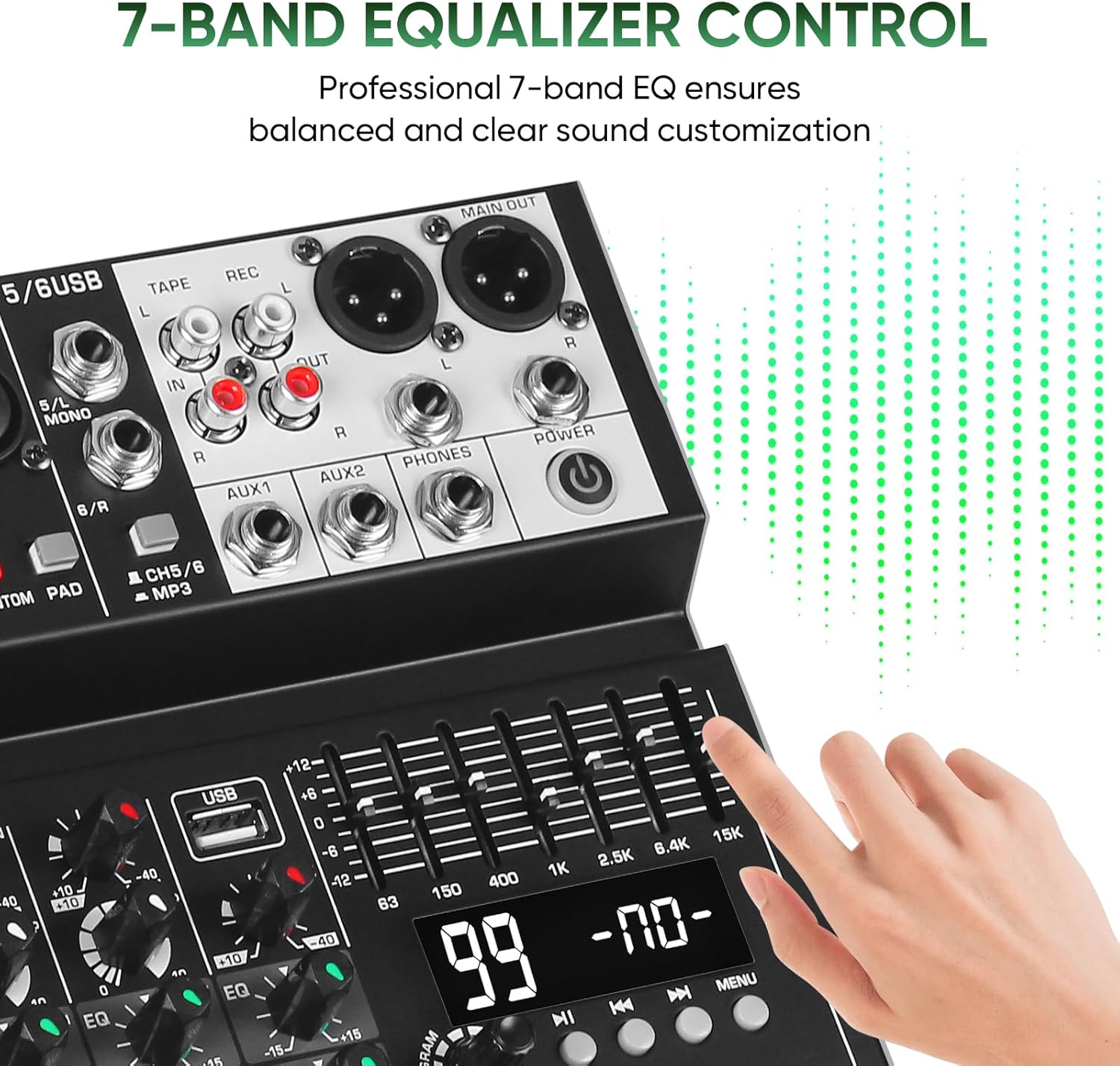 Close-up image of the 7-band graphic equalizer section of the mixer, showing the individual faders for different frequency bands.