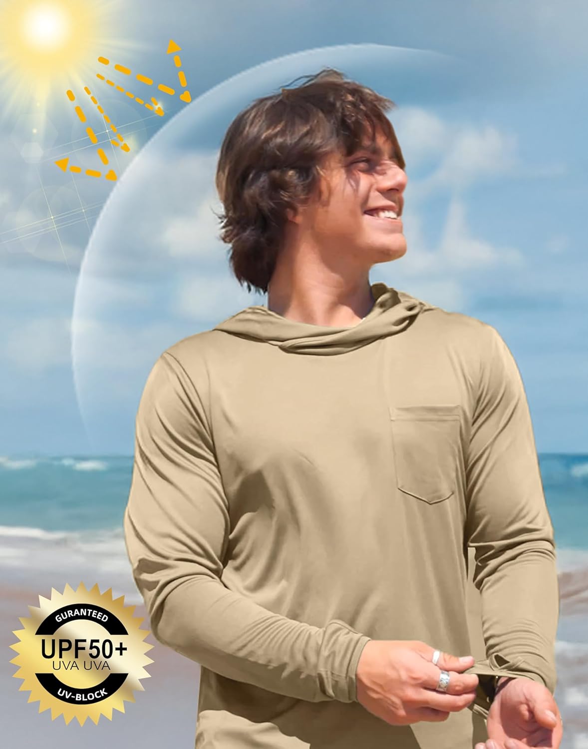 Men's Sun Protection Shirts UPF 50+ Long Sleeve Hoodie with 2 Pockets UV SPF Fishing Hiking Rash Guard Shirts - Image 5