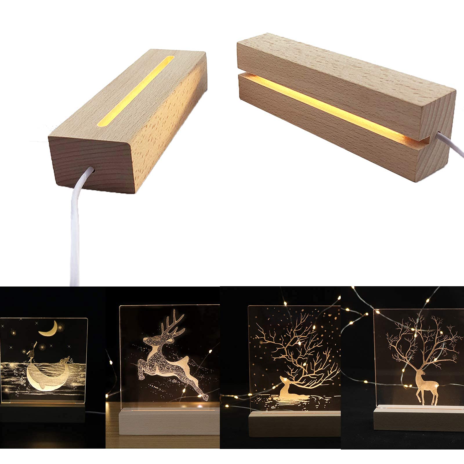 2 Pezzi Base Espositiva In Legno Con Luce LED Calda – Piedistallo Rettangolare Con Scanalature 120x5 Mm E 150x5 Mm, Alimentazione USB, Per Cristalli, Acrilici E Gioielli
