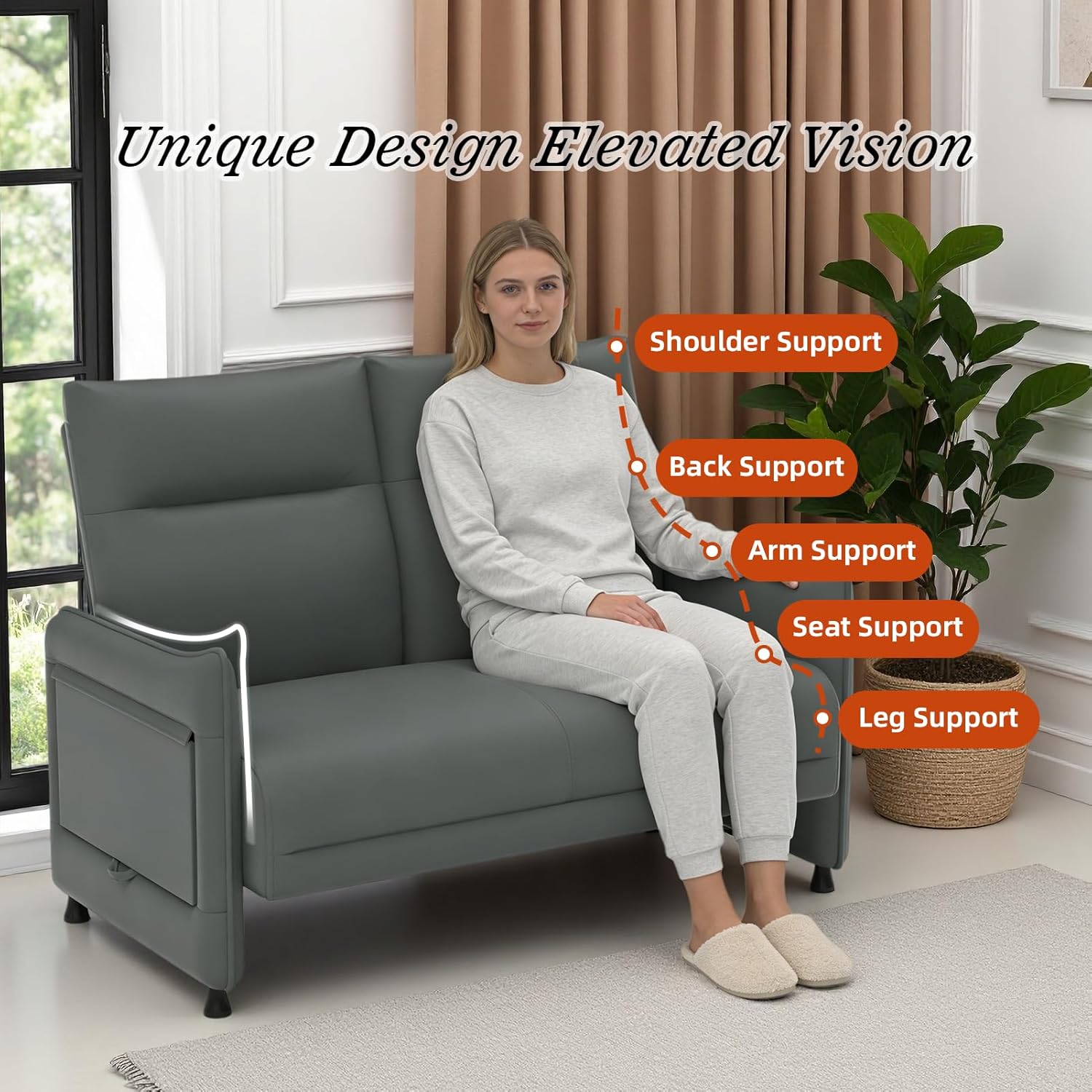 Faux Leather Small Loveseat Sofa, Small Sofa 2 Seater Couch with Flip Up Tray Table Side Pockets Elastic Cushion Perfect Loveseat Couch for Bedroom Living Room or Office, Gray