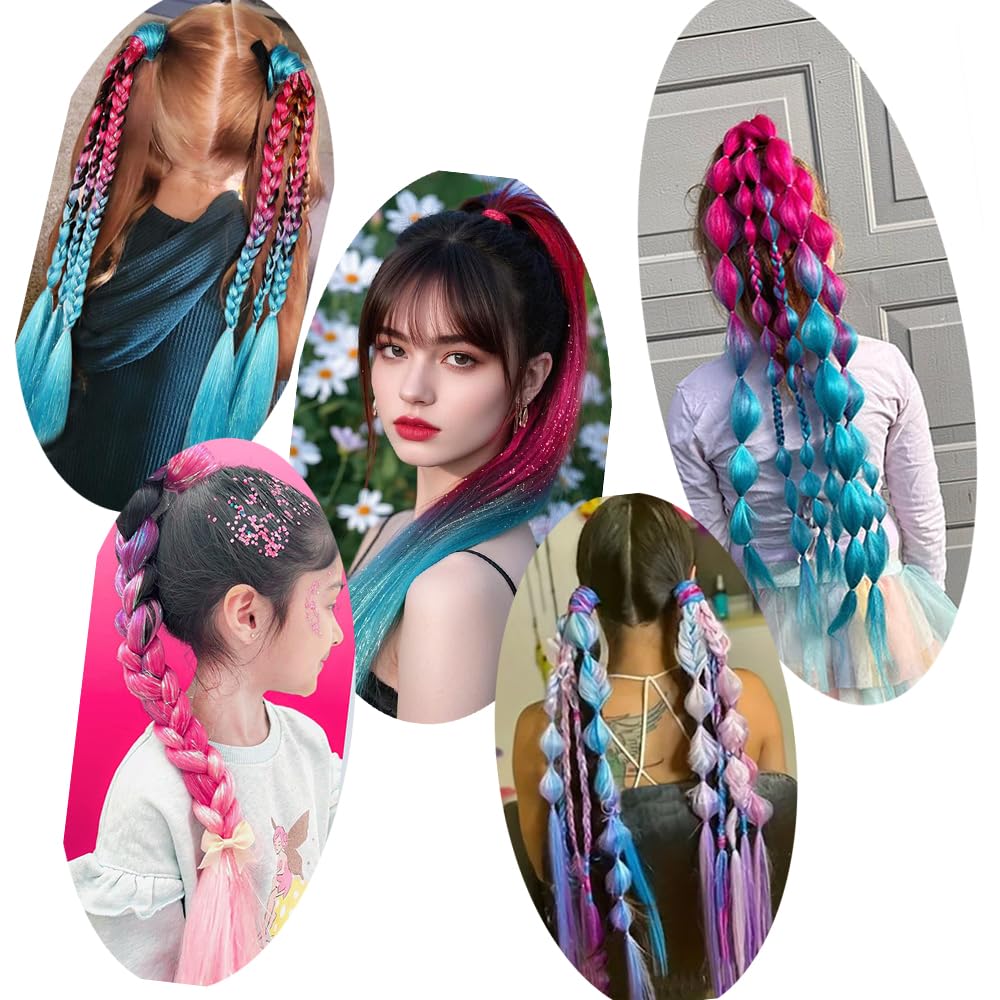 Rainbow Ponytail Extensions with Elastic Tie Glitter Mermaid Coloured Hair Extensions for Braiding Soft Natural Looking Pony Tail hairpiece for Girl Women Cosplay Party (Peach Red Lake Blue) - Image 4