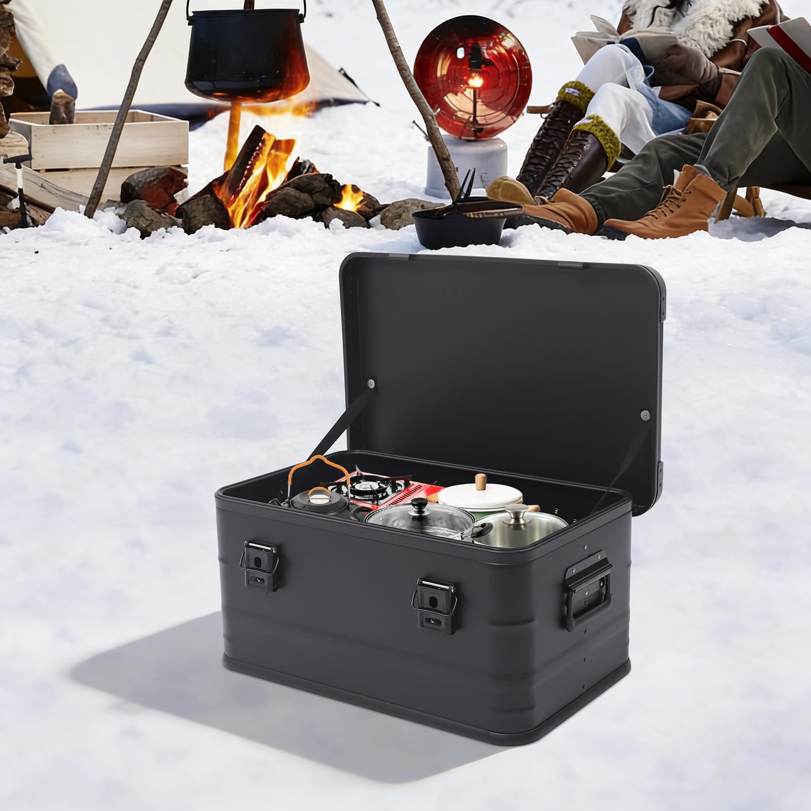 Aufbewahrungsbox mit Deckel 50L, Camping Transportbox Aluminium Wasserdicht, Stapelbar Metallbox Verschlussclips, stoßfest mit Dichtung, Outdoor Kiste für Camping, Angeln, Auto, Werkstatt