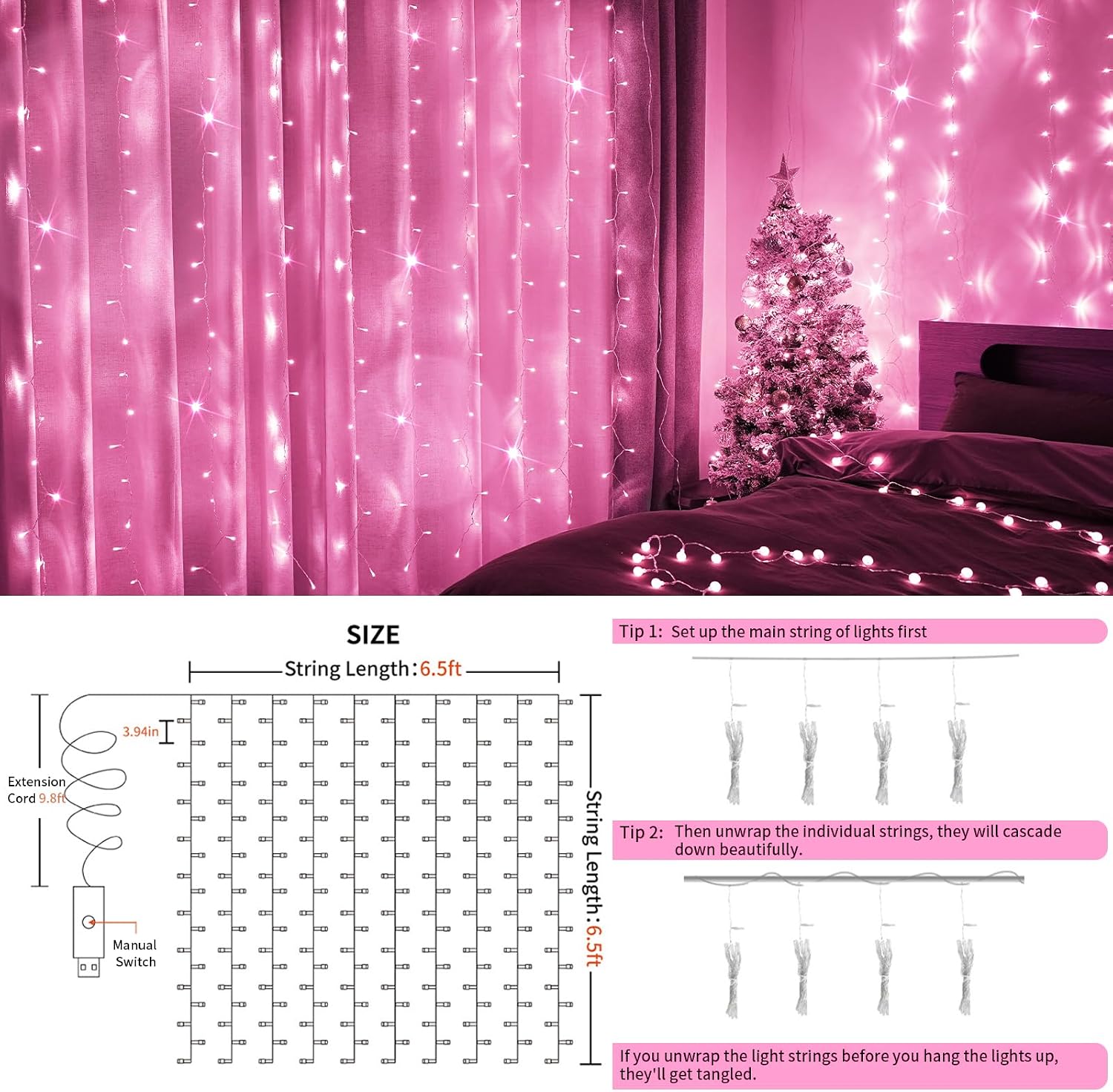 suddus Curtain Lights for Bedroom, 200 Led 6.5ft x 6.5ft Hanging String Lights Outdoor, Fairy Curtain Lights for Backdrop, Window, Wall, Wedding, Party, Garden, Porch, Birthday Decorations Pink image 5