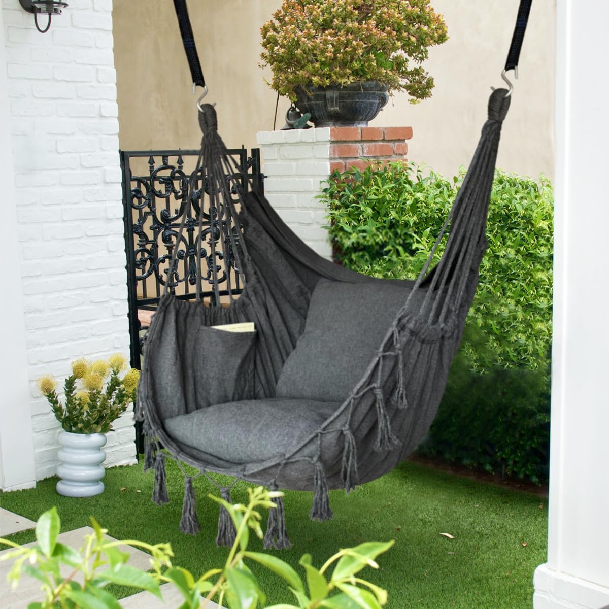 Halalona Hammock Chair Hanging Rope Swing, with 2 Cushions and Hardware Kits, Sturdy & Durable Soft Cotton Hand Woven, Macrame Hanging Chair for Indoor/Outdoor, Dark Grey