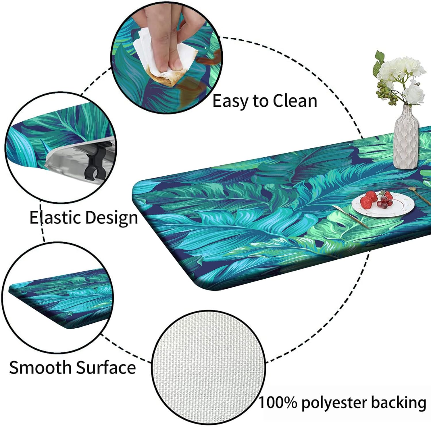 Tropical Palm Leaves Fitted Tablecloth for 5ft Rectangle Tables, Elastic Edged Polyester Turquoise Hawaiian Green Leaf Table Cover, for Outdoor Indoor Kitchen Coffee Table Decor, 30x60 inch