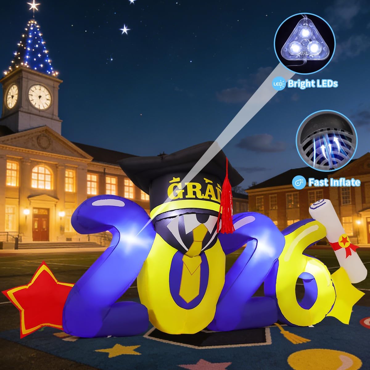 GOOSH 8 FT Long 2026 Inflatables Graduation Decorations Blow Up Grad Graduation Yard Sign with Built-in LEDs for Garden Lawn Indoor Party Decor