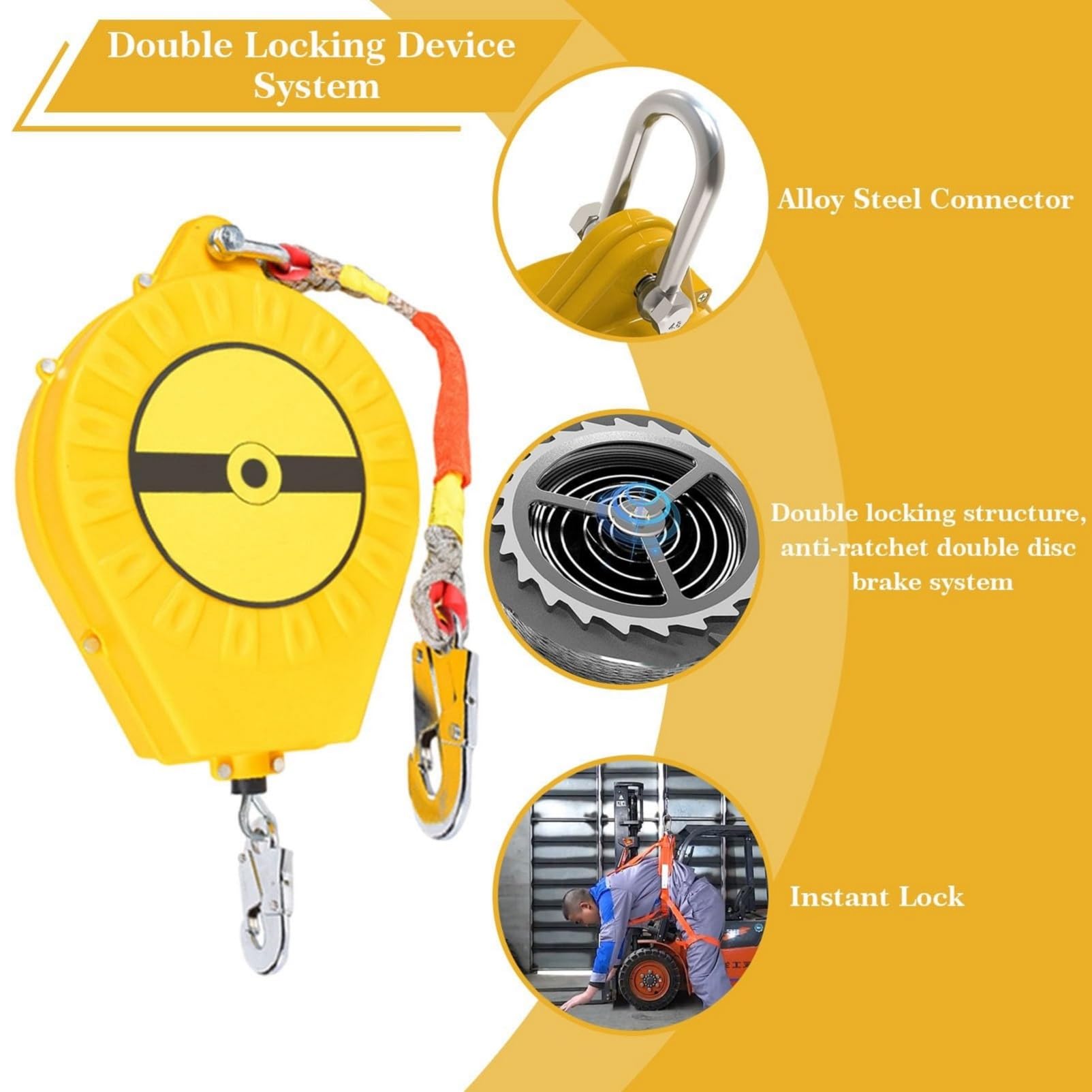Dispositivo Anticaduta Retrattile Certificato, Dispositivo Retrattile di Sicurezza Anticaduta Verde/Giallo, 3-20m Dispositivo Anticaduta Tetto e Lavoro Aereo(Giallo,10 Metri)