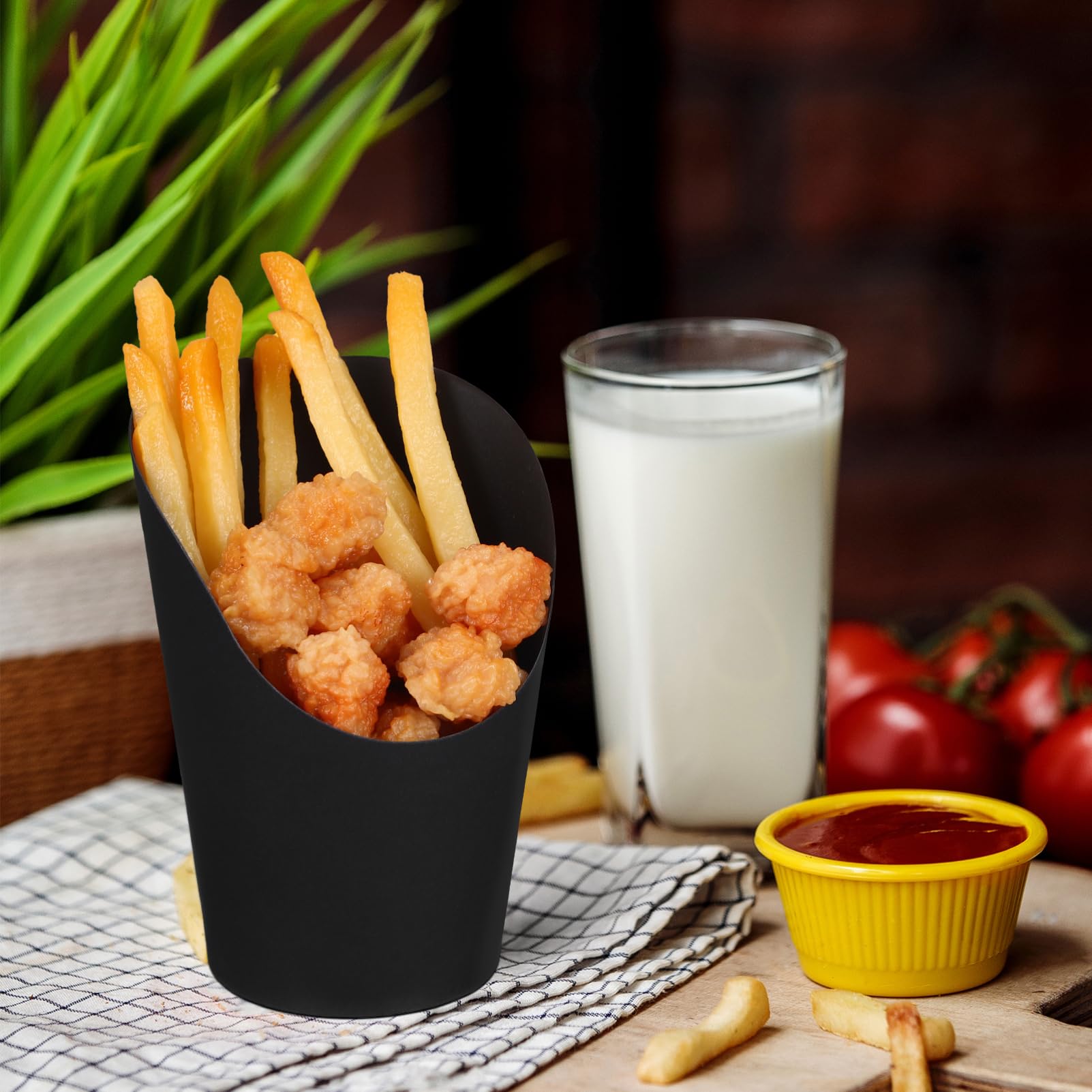 CIYODO 100 Pcs Black Slanted French Fry Holders Large 14oz Paper Snack Containers Party Appetizer Cups Bulk Packaging