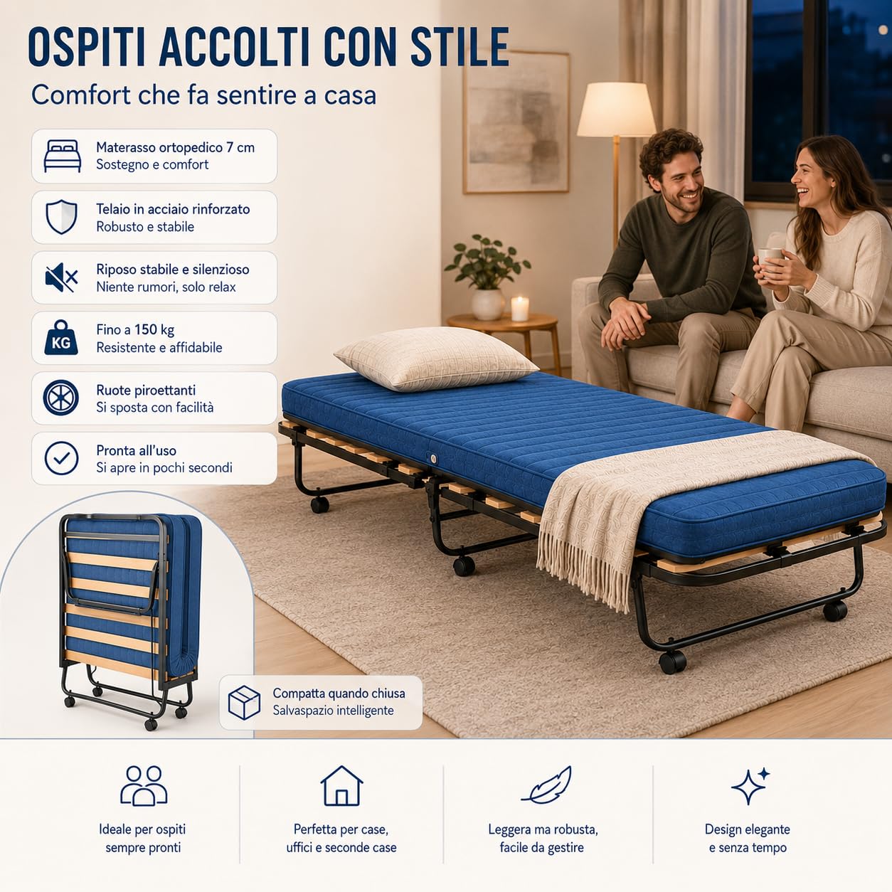 Brandina Pieghevole Compreso di Materasso, MISURA: 80x190, Materasso Ortopedico Alto 7 cm, Ignifugo - Letto Pieghevole Singolo, Anti-Scricchiolio, Ruote Piroettanti, Telaio In Acciaio