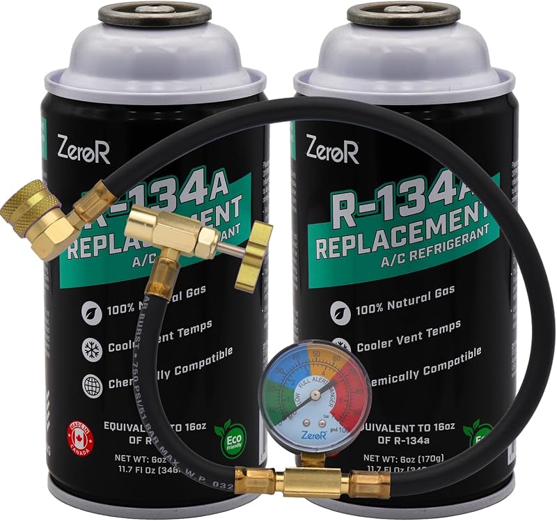 Kit de recarga para ar-condicionado ZeroR com refrigerante substituto R134a e mangueira de 60,96 cm – 2 latas