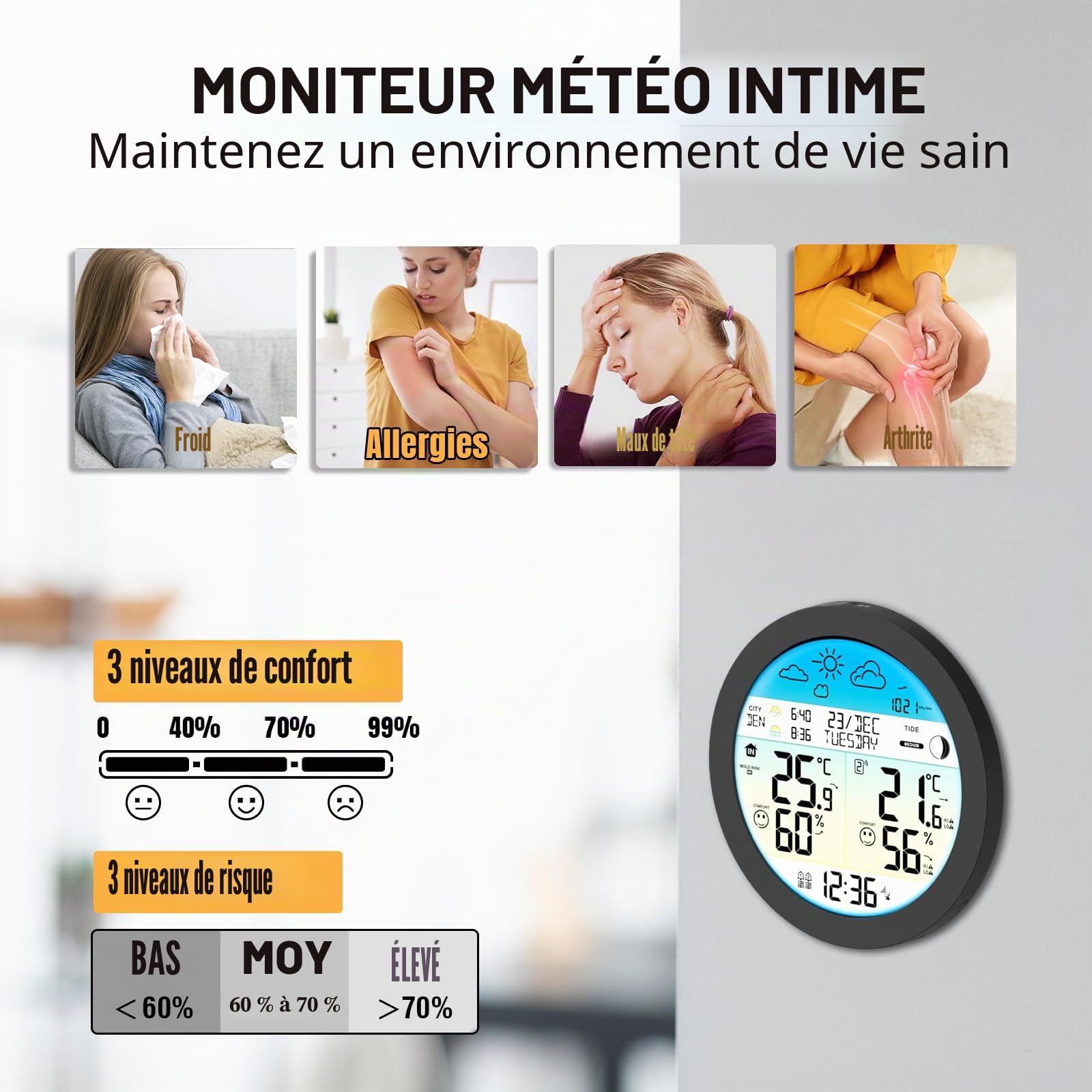 Raddy DT7 Station Météo Sans Fil – Thermomètre Connecté Capteur | Ecran HTN circulaire, horloge DCF, double alarme, barometre, previsions 12-24h, phases lune, alerte gel