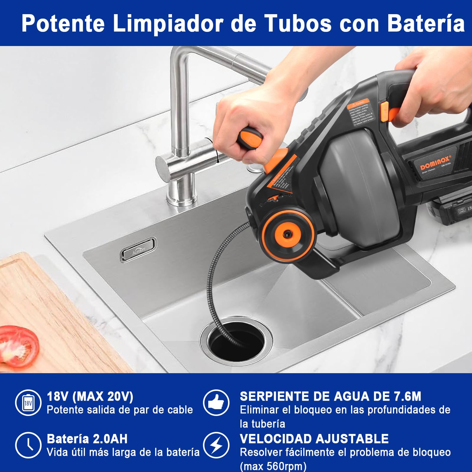 Limpiador de tuberías de 18V con espiral de limpieza de 7,6m para tuberías de 18-65 mm, Limpiadores de tuberías de batería para baños, cocinas, baños