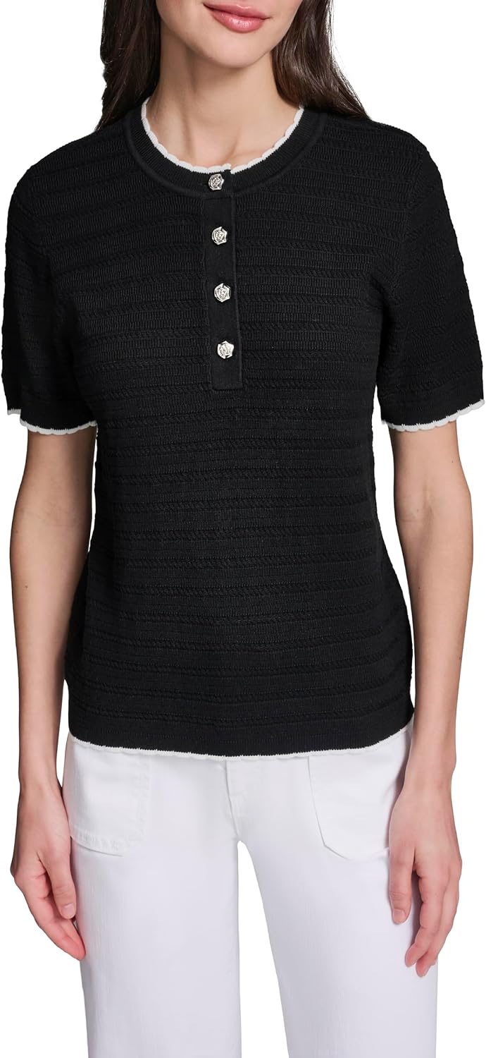 Karl Lagerfeld Women's Rosette Buttons Crew Neck Sweater