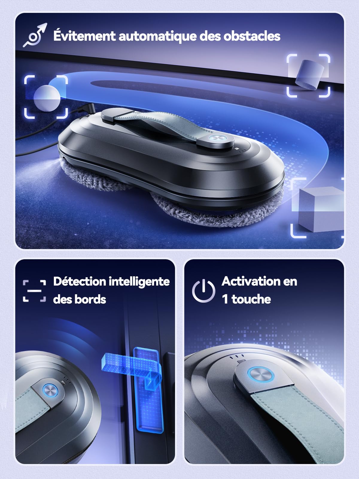 Robot Laveur de Vitre, Fonction Vaporisation, Aspiration Turbo 7000Pa, Silencieux, 3 Modes, Navigation Intelligente, Détection Bords, 10 Lingettes