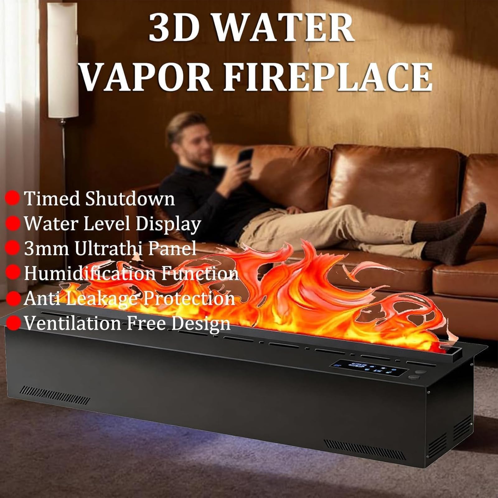 Camino A Vapore Acqueo 3D Durevole Multiuso Camino Nebulizzato con 7 Colori di Fiamma Regolabili E 5 Livelli di Luminosità Acciaio Inox Spazzolato Touch/Telecomando,70cm