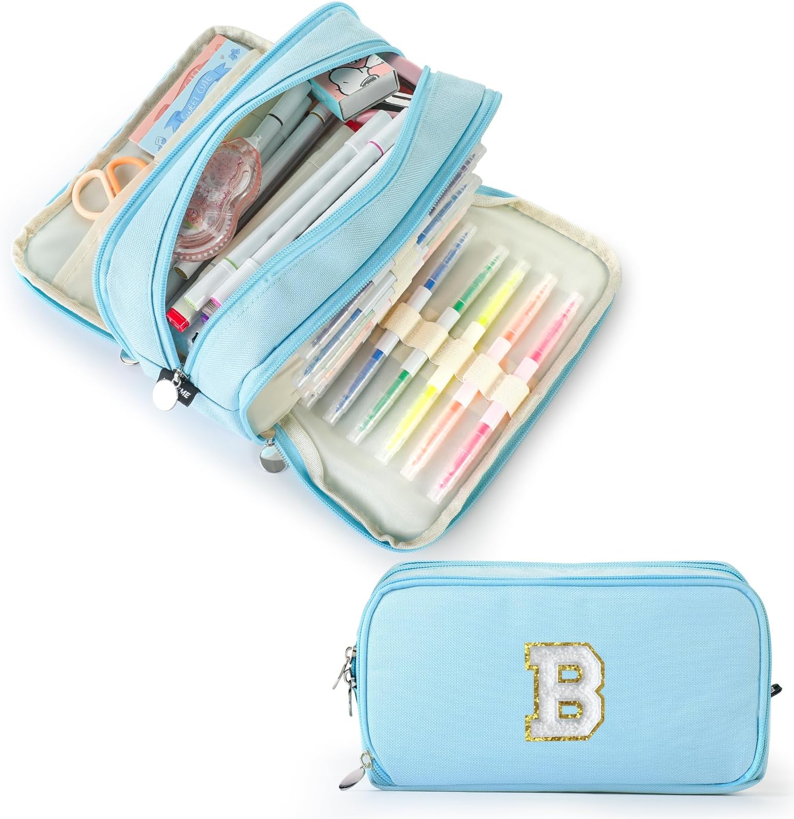 Extra Large Capacity Pencil Case 3 Compartment Initial Pencil Pouch Personalized Cute Aesthetic Stationery Pen Case Bag for School Teen Girl Boy Men Women Gift (B, Blue)