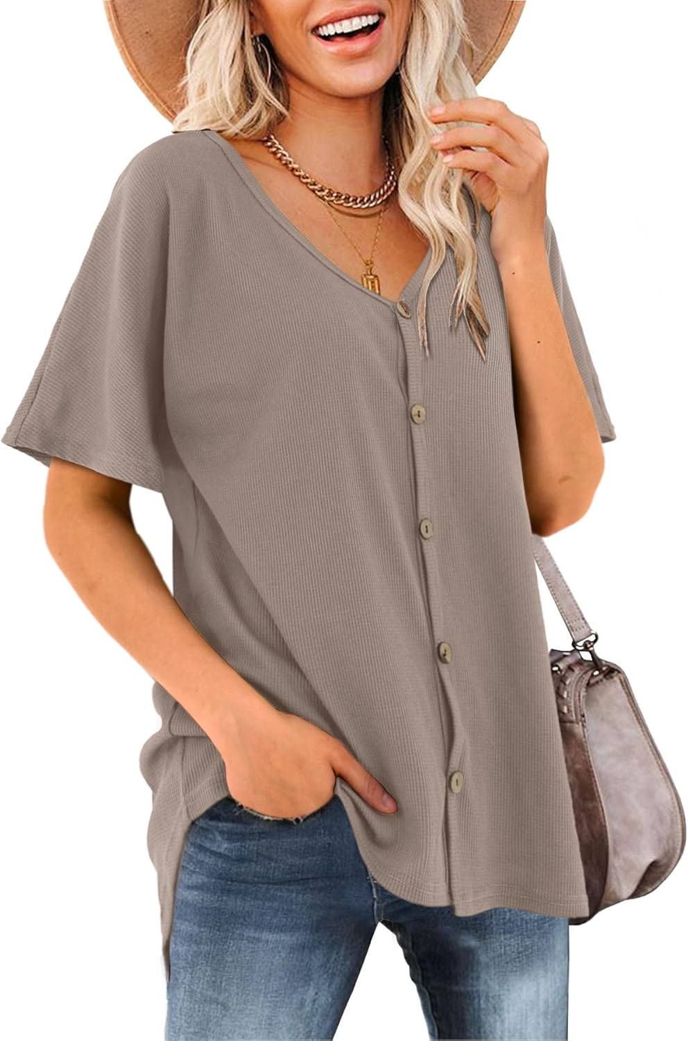 Beluring Women's Shirts V Neck Short Sleeve Waffle Knit Button Up Tunic Tops Blouse