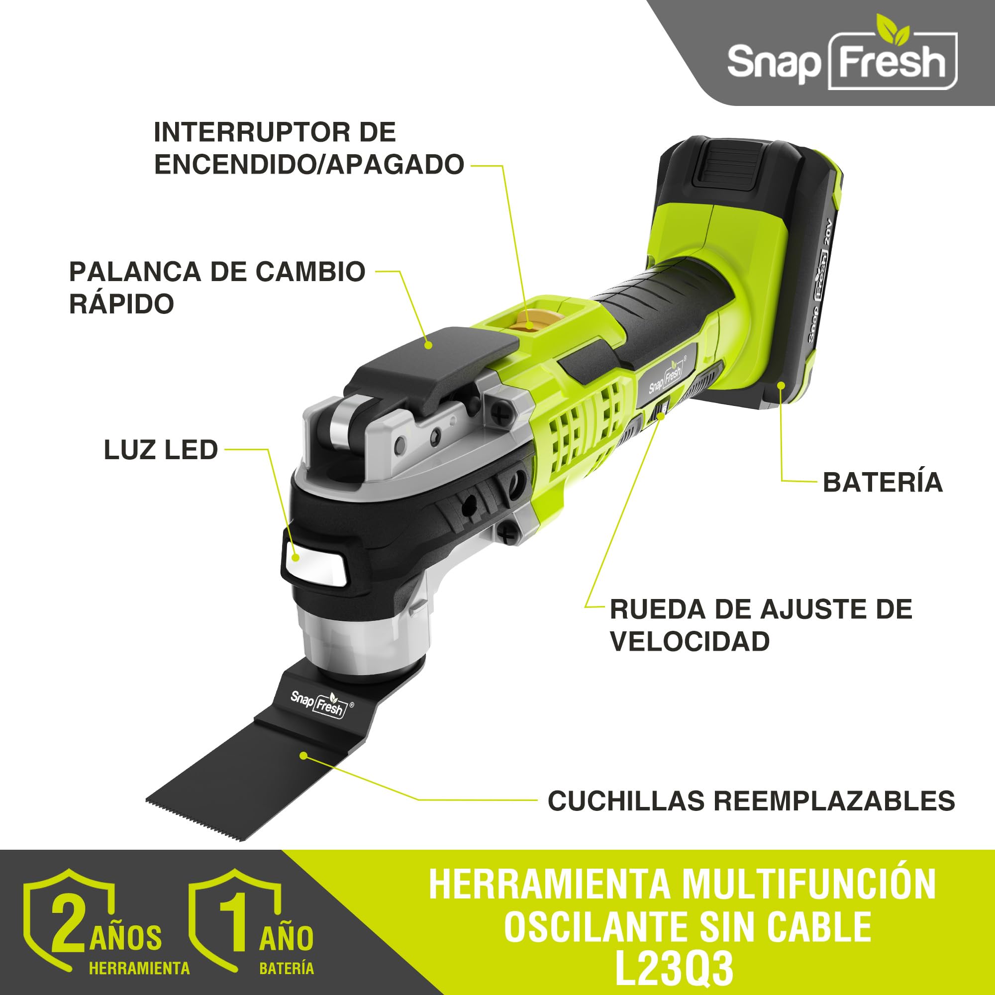SnapFresh Herramienta Multifunción Oscilante Sin Cable 20V, 6 Velocidades Ajustables, Batería 2,0 Ah y Cargador Rápido, Ángulo de Oscilación 3,2°, 20 Accesorios para Corte, Lijado y Raspado