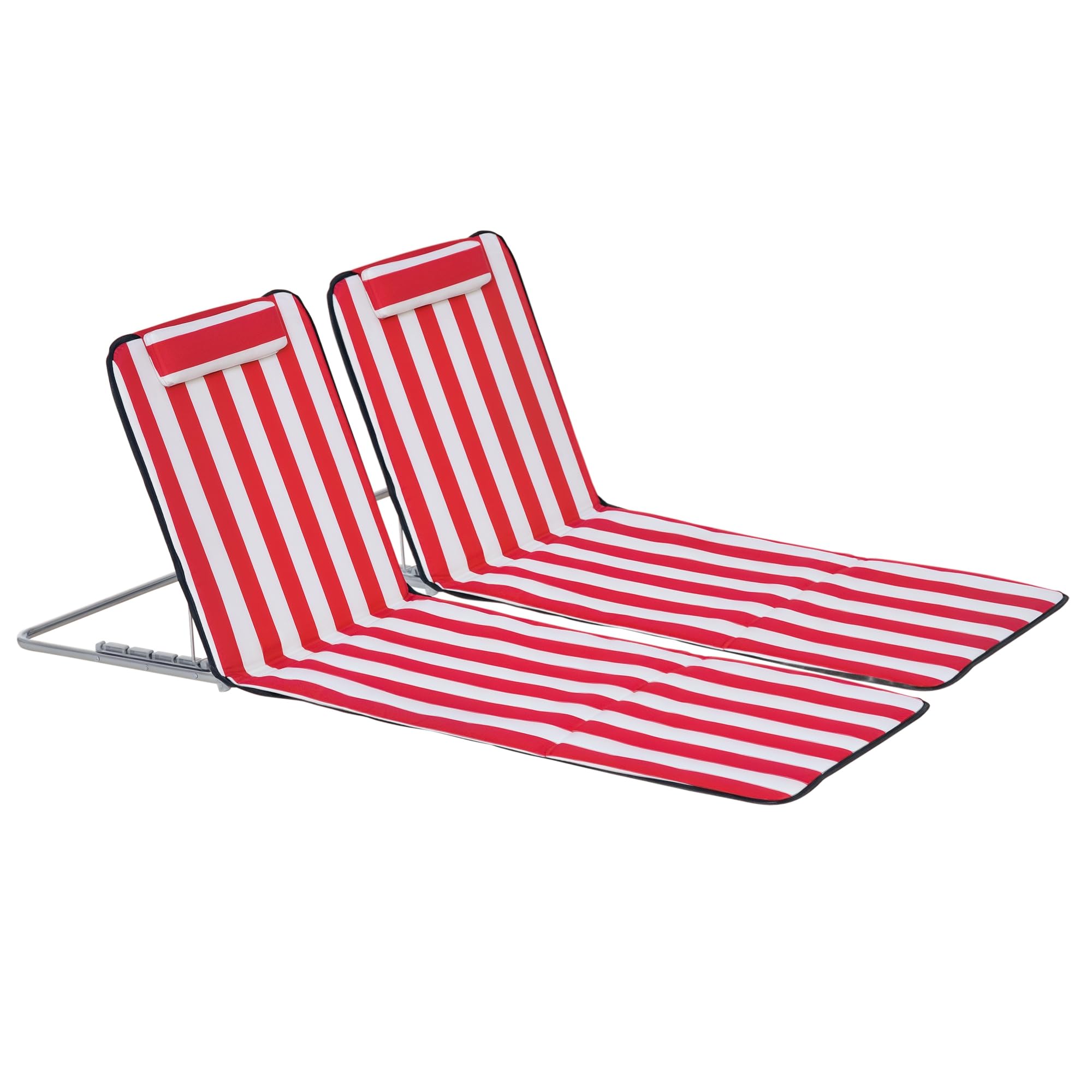 Outsunny Chaise Lounge de plage pliante Set de 2 Rouge et Blanc | Tapis de plage au sol, dossier réglable, cadre en acier, oreiller de tête, sac de transport, pour jardin, bord de lac