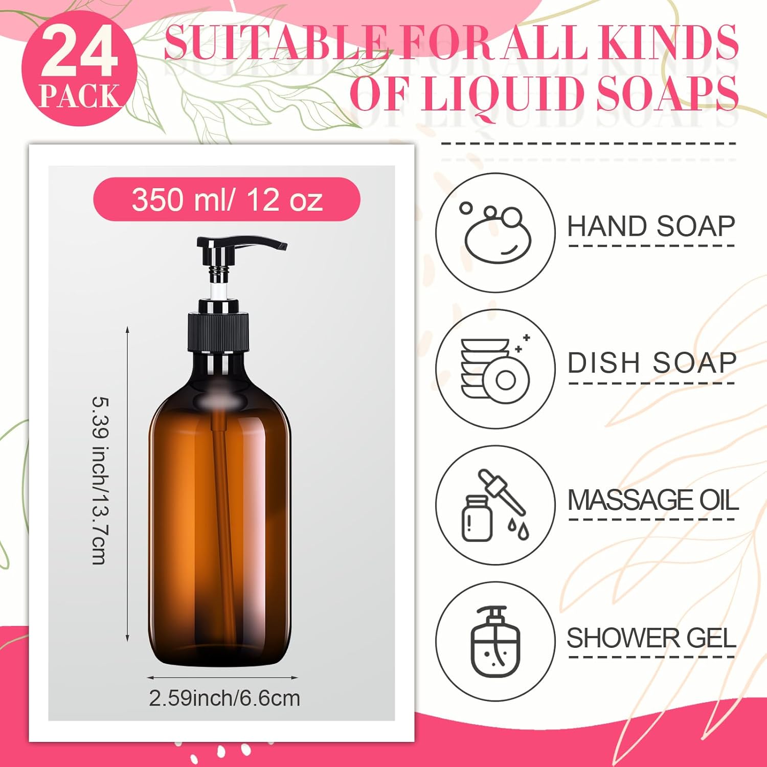 Tessco for You 24 Pcs Amber Soap Dispenser Empty Plastic Pump Bottles Refillable Shampoo Container for Hand Sanitizer Soap Lotion Body Wash Conditioner Bathroom Kitchen Travel, 11.84oz - Image 2