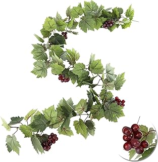 Artificial Grape Vine Leaf Garland Plant with 5 Strings Grapes, 6.5ft Artificial Fake Grape Vines Spring Fake Greenery for Wedding Party Home Indoor Outdoors Decoration