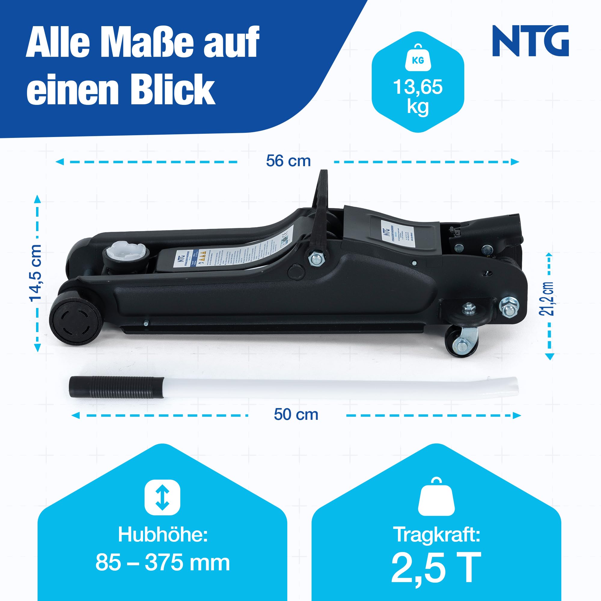 Wagenheber Hydraulisch 2,5T TÜV Zertifiziert (85-375mm Hubhöhe) - Profi Rangierwagenheber flach für tiefergelegte Autos - KFZ PKW Autoheber NTG (+ Gummiauflage Flach)