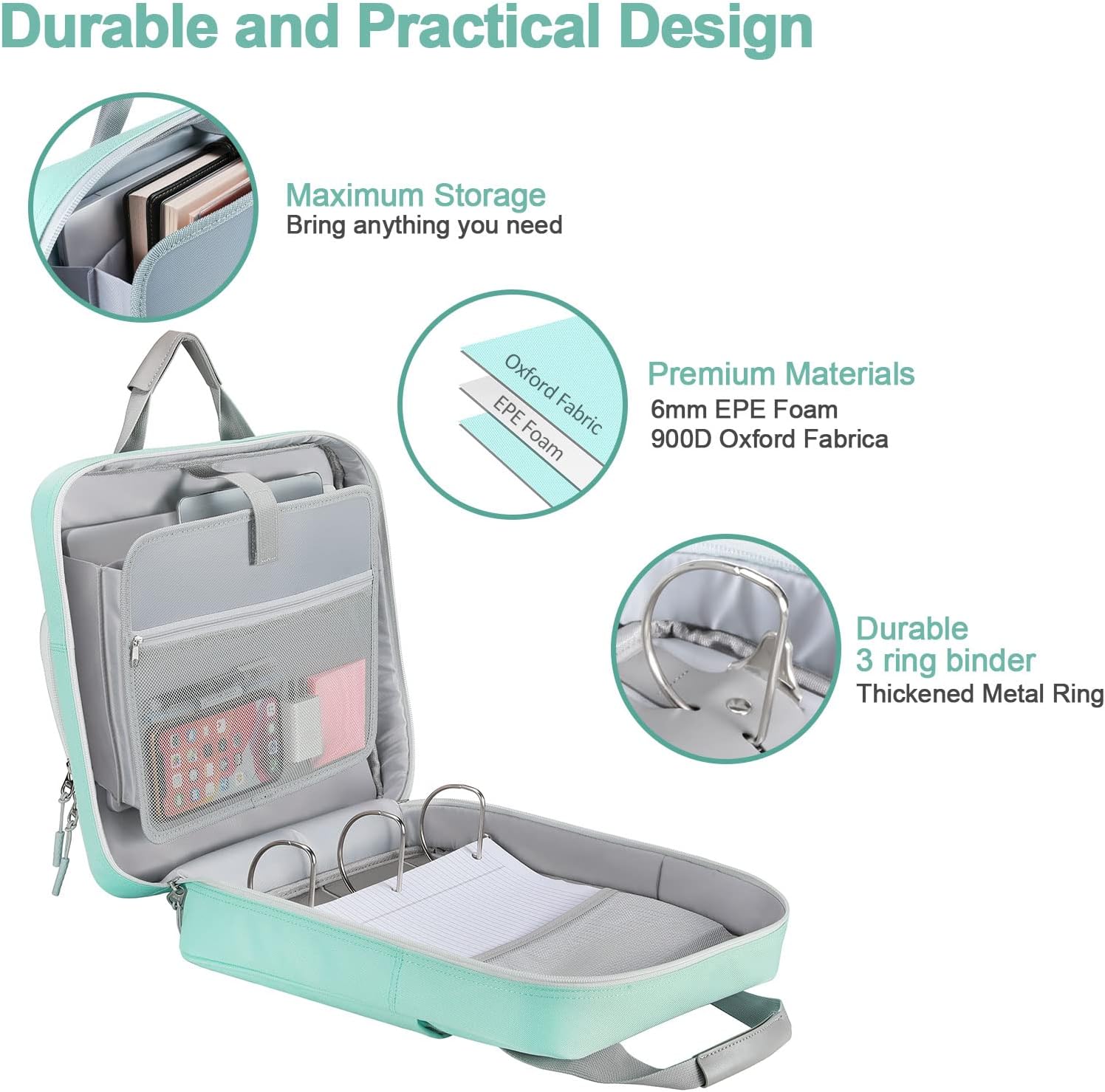 3 Inch D-Ring 3 Ring Zipper Binder, Binder with Strap 700 Sheet Capacity & Multi-Pockets School and Office Organizer, Compatible with 13-Inch MacBook(Patent Design Light Blue)