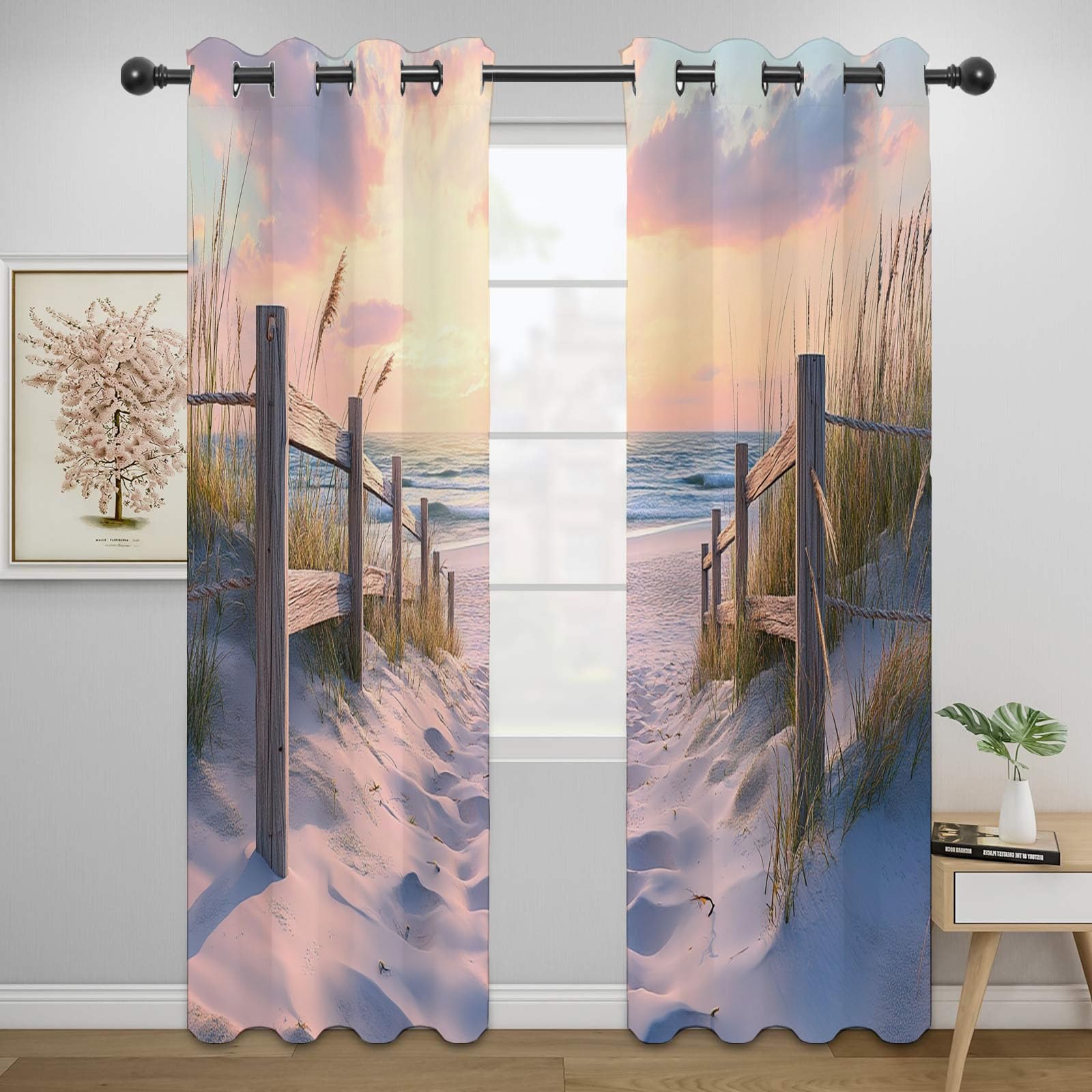 Cortinas Habitacion Estampadas Flores Grises Paisaje Natural de Playa Visillos Cortos para Ventanas Salón Moderno Dormitorio Juvenil-300Al x 140An cm (2 Paneles)
