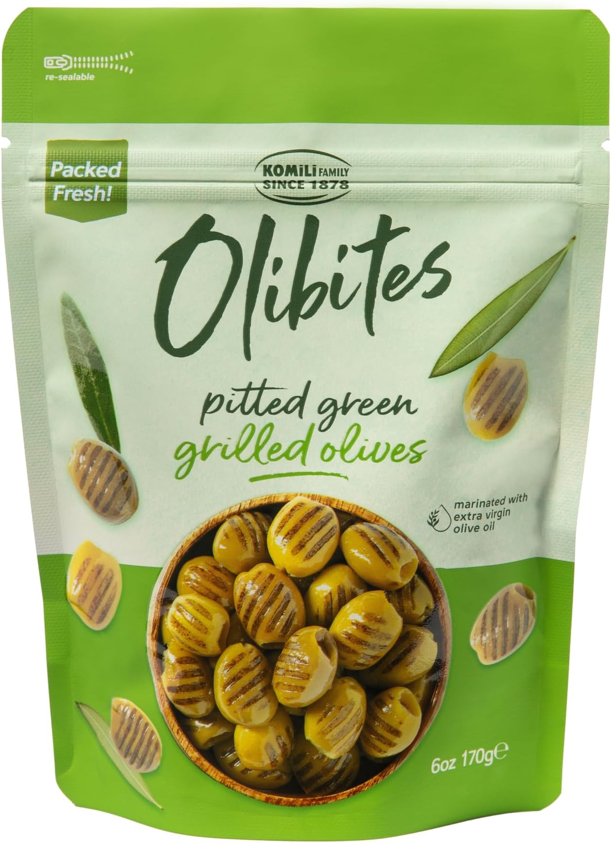 Olibites Grilled Green Olives | Pitted & Marinated in Extra Virgin Olive Oil | Gluten Free, Vegan, No Preservatives, Unpasteurized | (6oz)