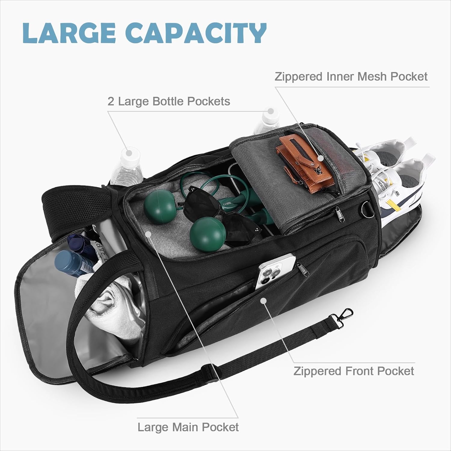 Gym Bag for Women Men, Duffle Travel Bag with Shoes Compartment and Wet Pocket, Waterproof Overnight Carry On Bag Backpack with Two Elastic Bottle Holders for Travel, Workout, Sports, Weekend - MIYCOO Style3 - Black 42L image 2 of 7 B0FCMKHRM8