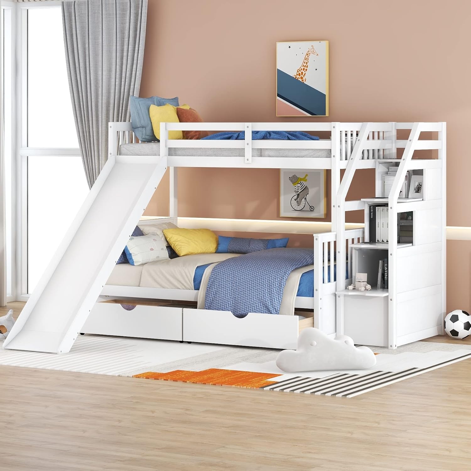 Convertible Twin Over Twin Bunk Bed with Stairway, Storage Shelves and
