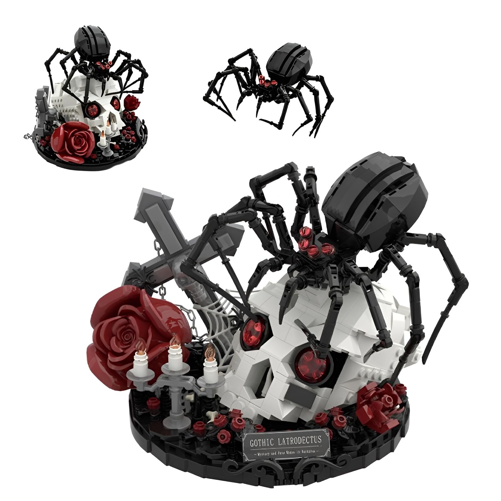 Gothic Style Spider & Skull Building Set, Creative Black Widow Spider with Red Rose Cross Building Bricks Kit, Collectible Display Flower Animal Model for Adults Teens, Idea Halloween Birthday Gifts