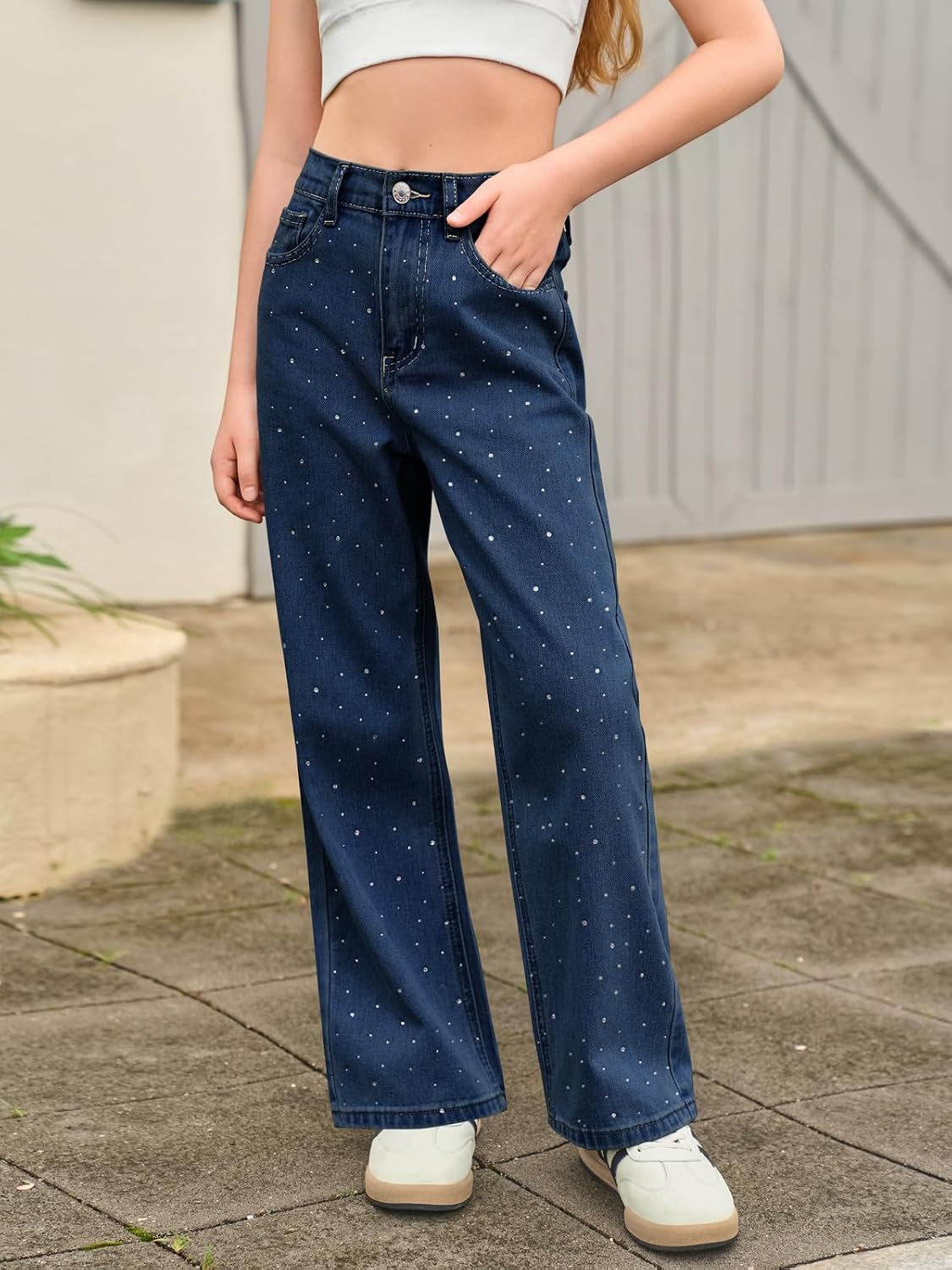 Haloumoning Girls Wide Leg Rhinestone Jeans Kids Baggy Elastic Waisted Denim Pants with Pockets 5-14 Years