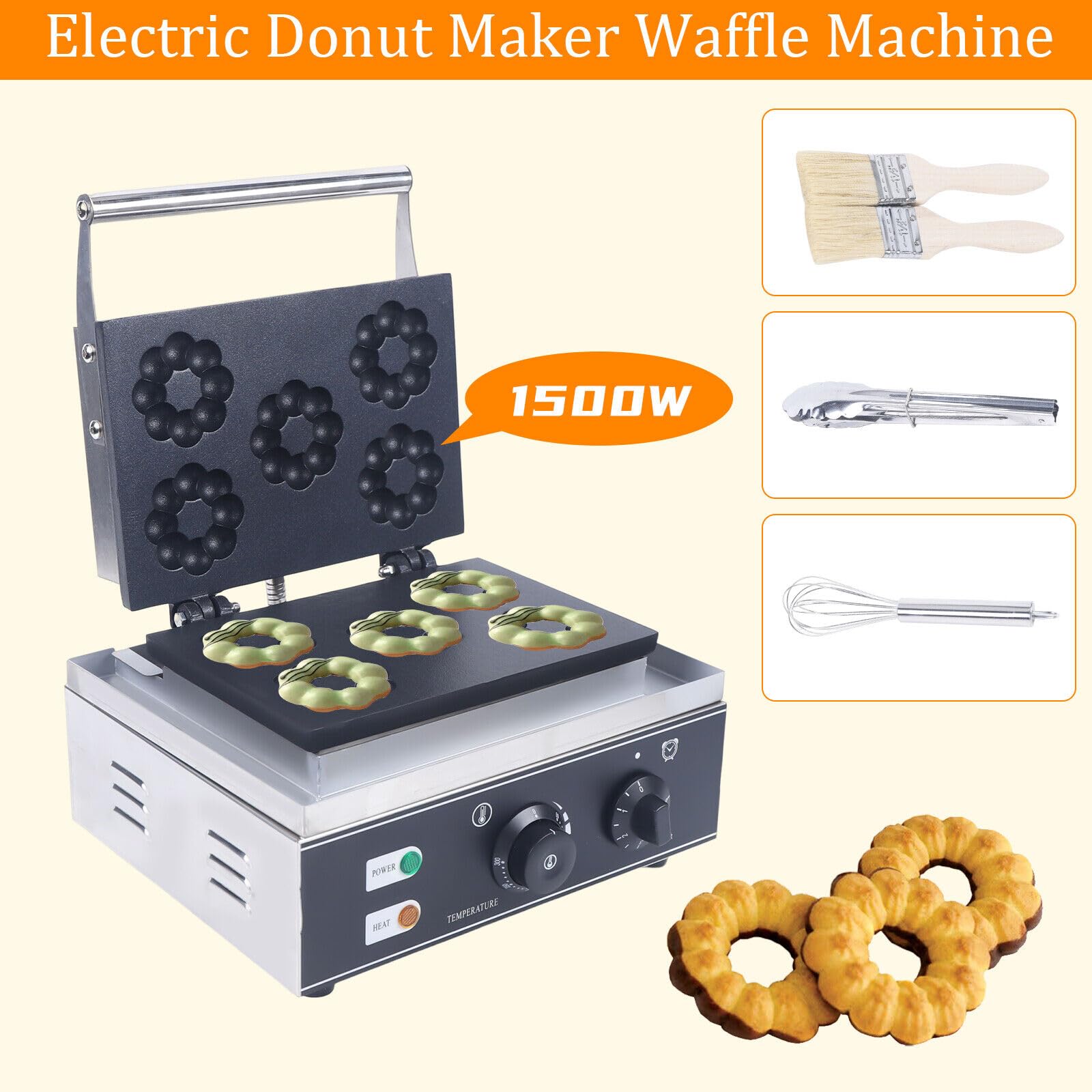 BFDIEEM Commercial Non-Stick Waffle Donut Machine Plum Flower 5 Holes Double-Sided 1500W Electric Doughnut Maker For Baking Delicious Donuts ?Mini Donut Size?
