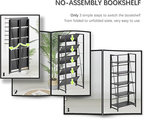 Miniatura 7 de 4NM No Assembly Folding Bookshelf, 5-Shelf 62.2" H Collapsible Foldable Bookcase Storage for Small Spaces, All Black Marrón rústico y negro,Todo