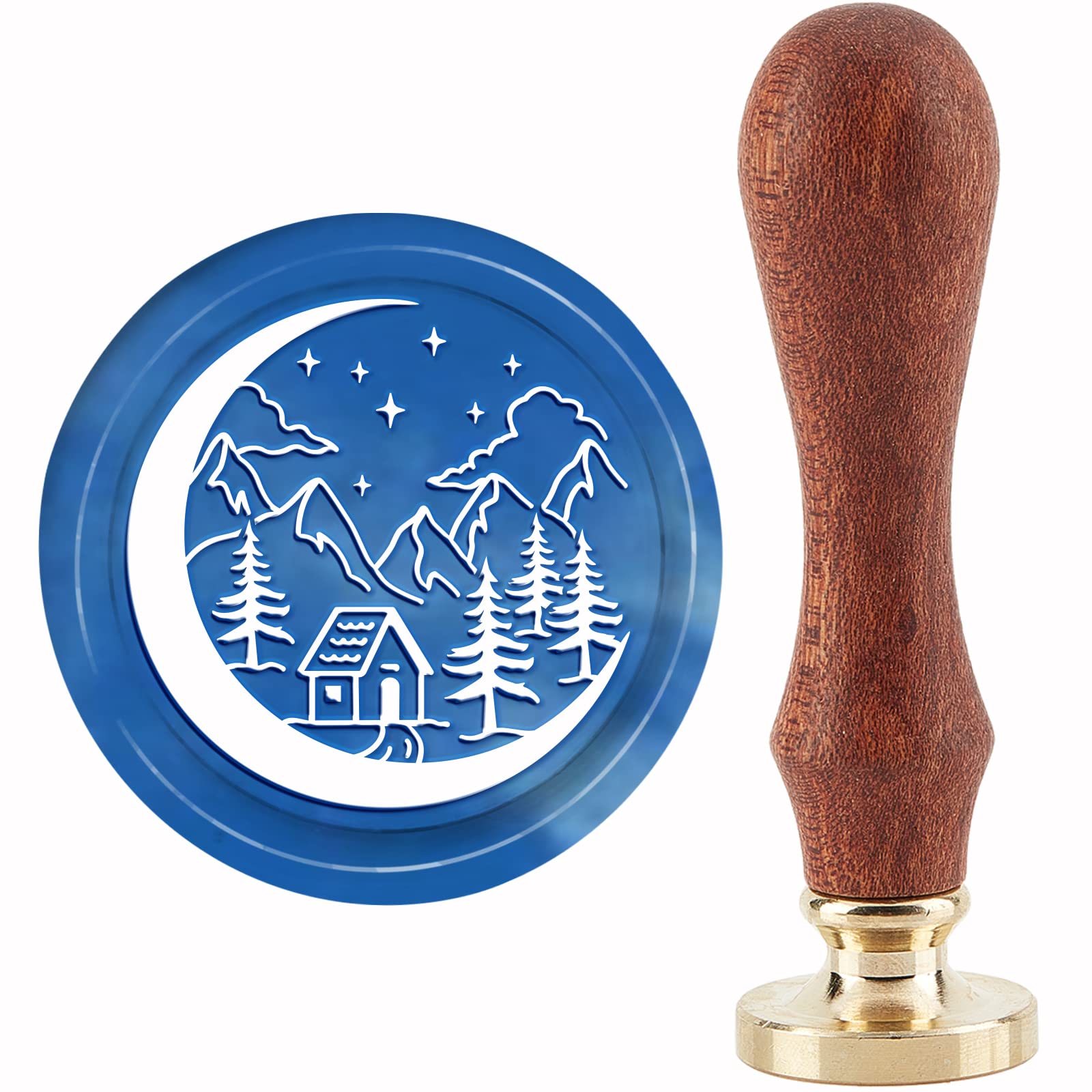 Timbro Sigillo Di Cera Con Motivo Foresta, Montagna E Luna – Testa In Ottone, Manico In Legno, Diametro 2,5 Cm, Per Matrimoni E Inviti - Foto 3
