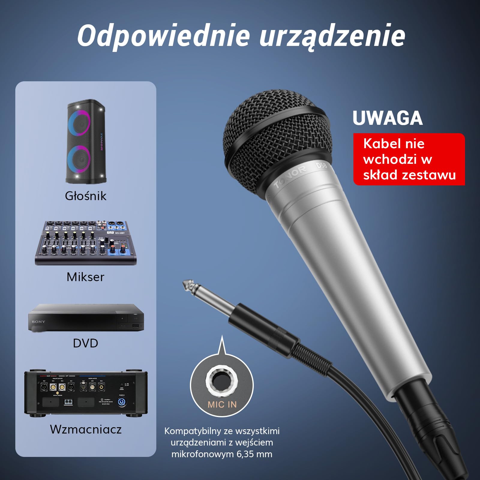 TONOR Kardioidalny Mikrofon Wokalny, Przewodowy Z Wbudowanym Filtrem Pop i Siatką Sferyczną, Ręczny Z Redukcją Szumów, Wyjście XLR 6,35 mm, Do Śpiewu, Sceny, Nagrywania, D58 Srebrny