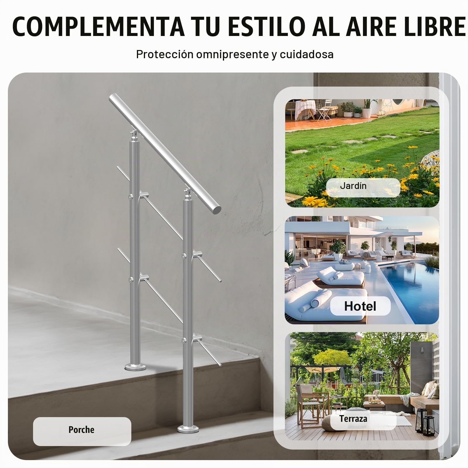 VEVOR Pasamanos de Escalera 80 cm Barandilla de Escalera para Escalones Exteriores de Acero Inoxidable 2 Travesaños con Kit de Instalación Barra de Agarre para Personas Mayores, Porche, Patio