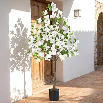 Thiccywoov 1 Pcs 4ft Artificial White Dogwood Tree with Nursery Pot - Faux Dogwood Flowers Blossom for Indoor, Outdoor, Home Decor - Silk Potted Tree for Front Porch, Garden, Wedding Party