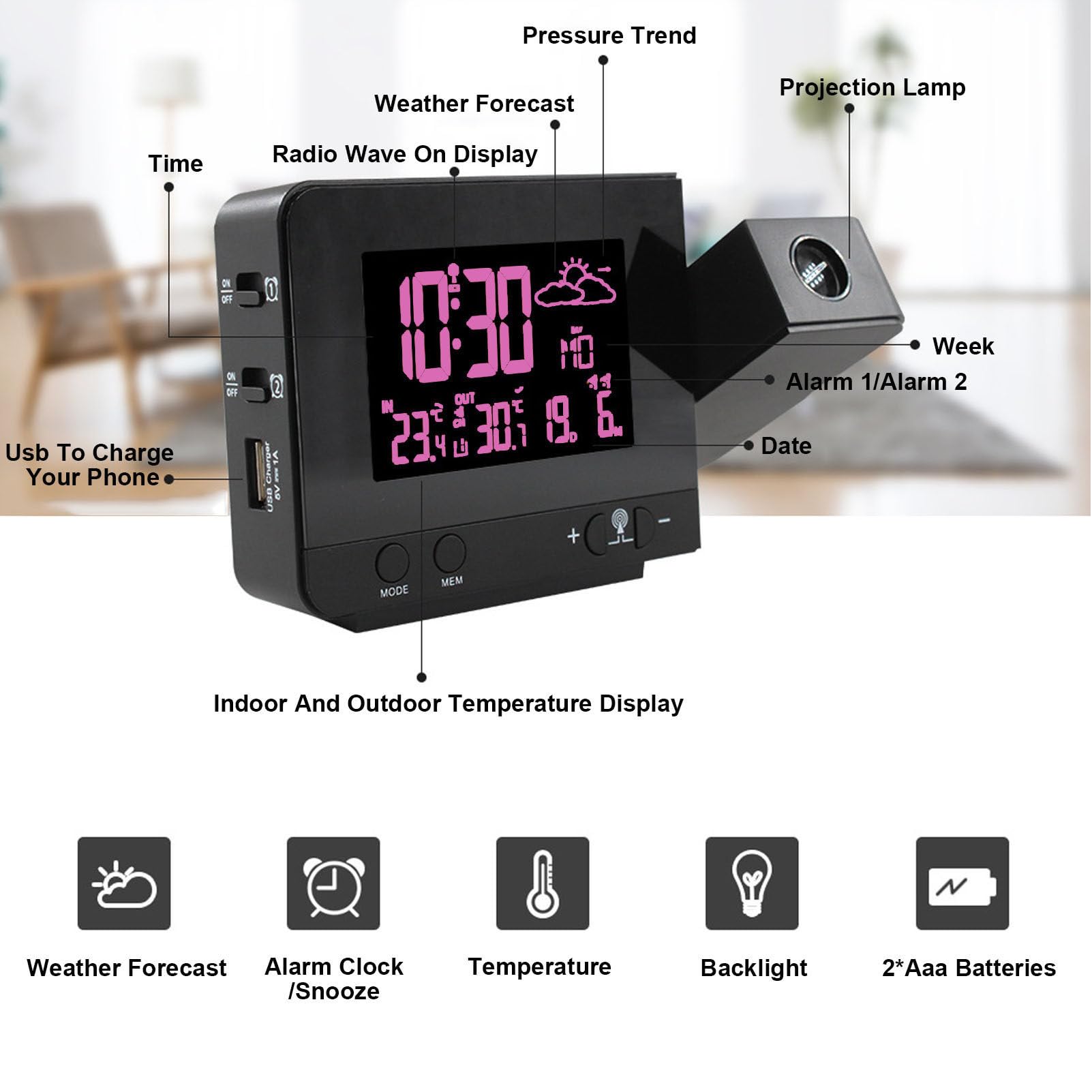 Reloj despertador con proyector giratorio de 180°, alarma dual, función de repetición, visualización de fecha y hora, temperatura interior y exterior, puerto de carga USB