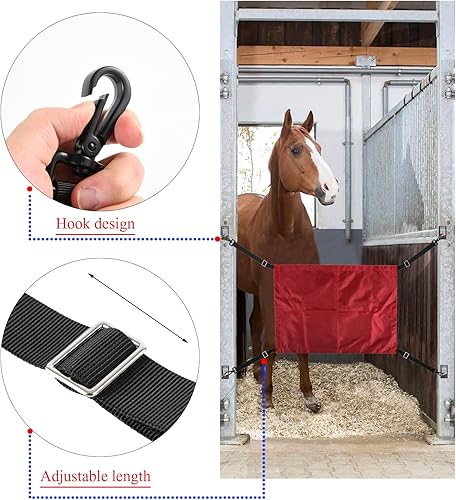 Miniatura 10 de Protector de parada de caballos con gancho giratorio, valla de protección para pasillo de caballo con correas ajustables, clip de metal fuerte para